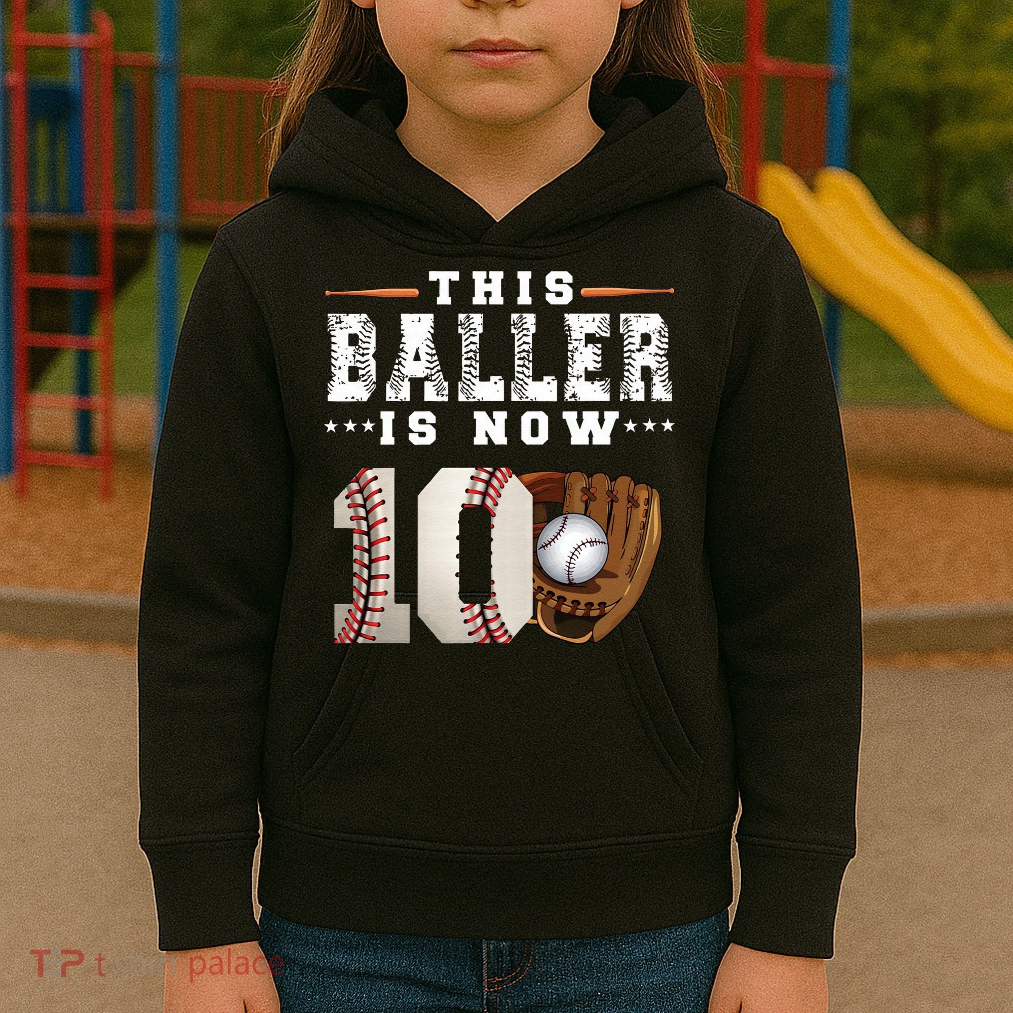 10 Years This Baller Is Now 10 Baseball 10th Birthday Kids Hoodie