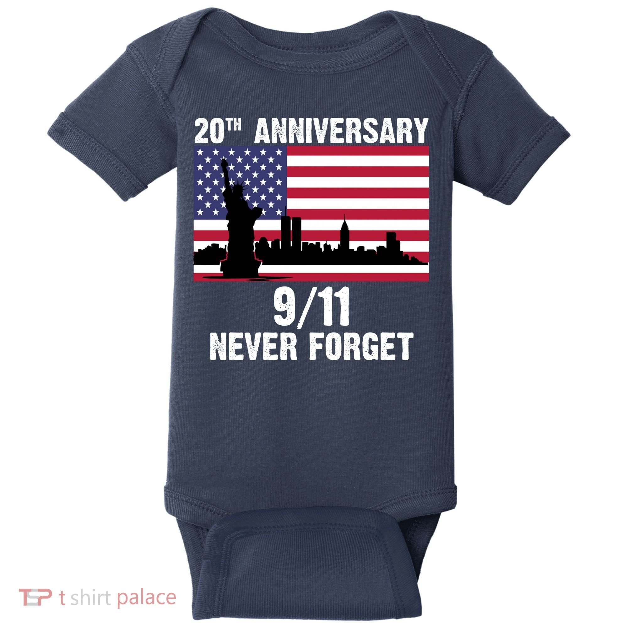 20th Anniversary 9/11 Tribute Never Forget US Flag New York Baby Bodysuit