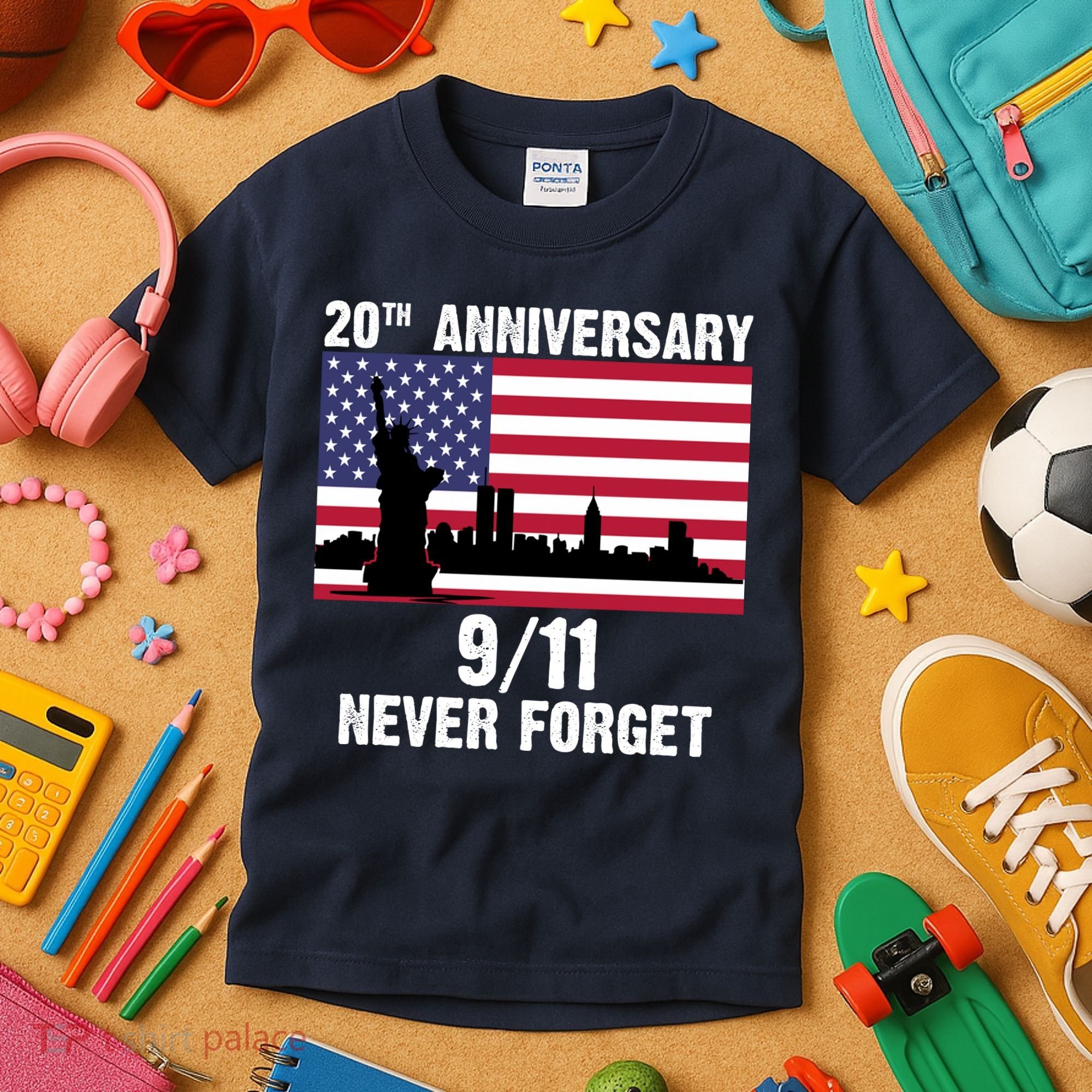 20th Anniversary 9/11 Tribute Never Forget US Flag New York Kids T-Shirt