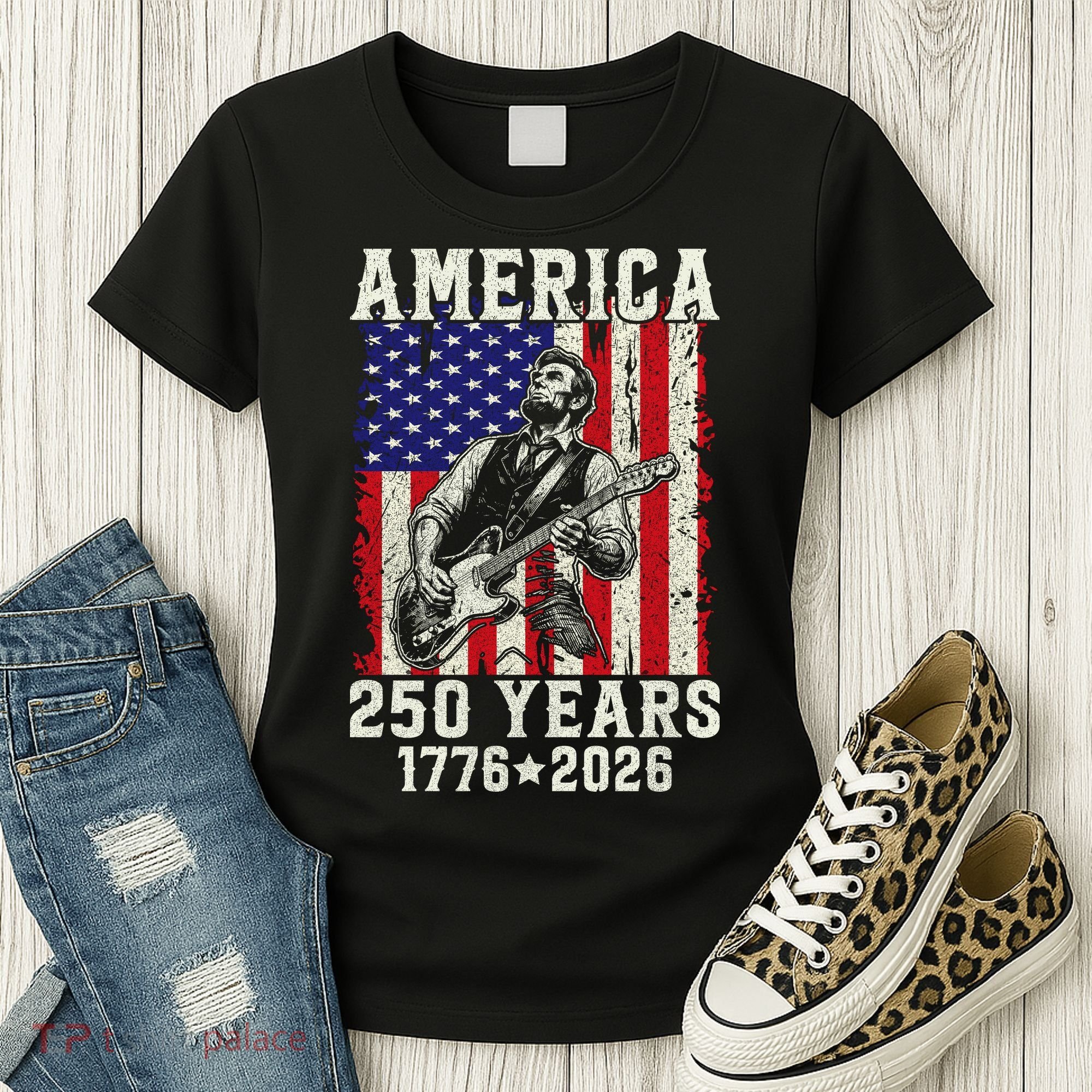 250th Anniversary Abraham Lincoln Guitar 250 Years Birthday Women's T-Shirt