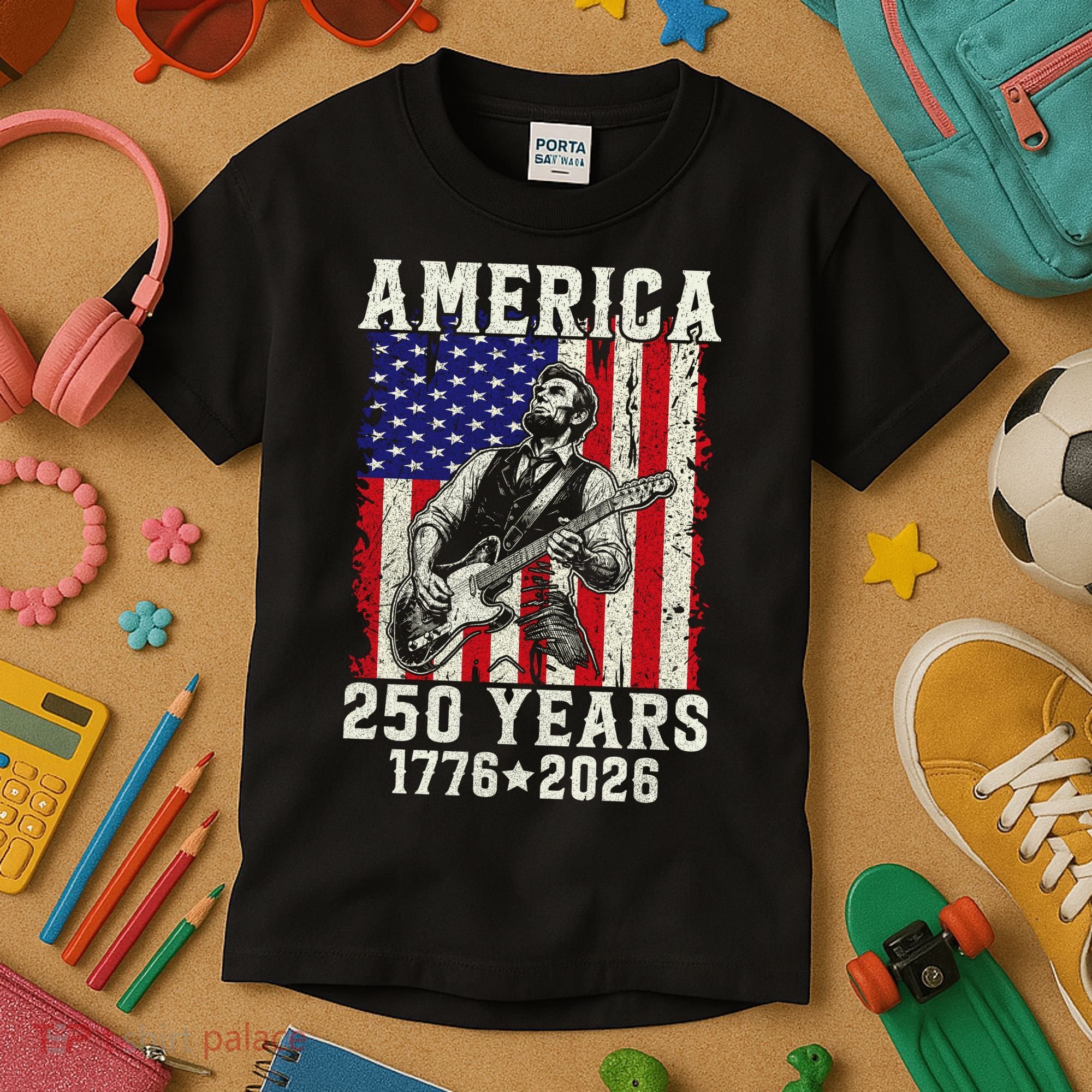 250th Anniversary Abraham Lincoln Guitar 250 Years Birthday Kids T-Shirt