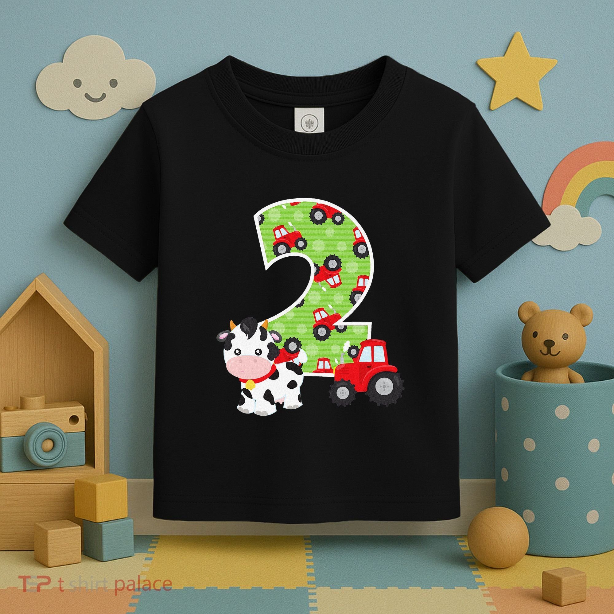2nd Birthday Farm Animals Number 2 Years Old Party Toddler T-Shirt