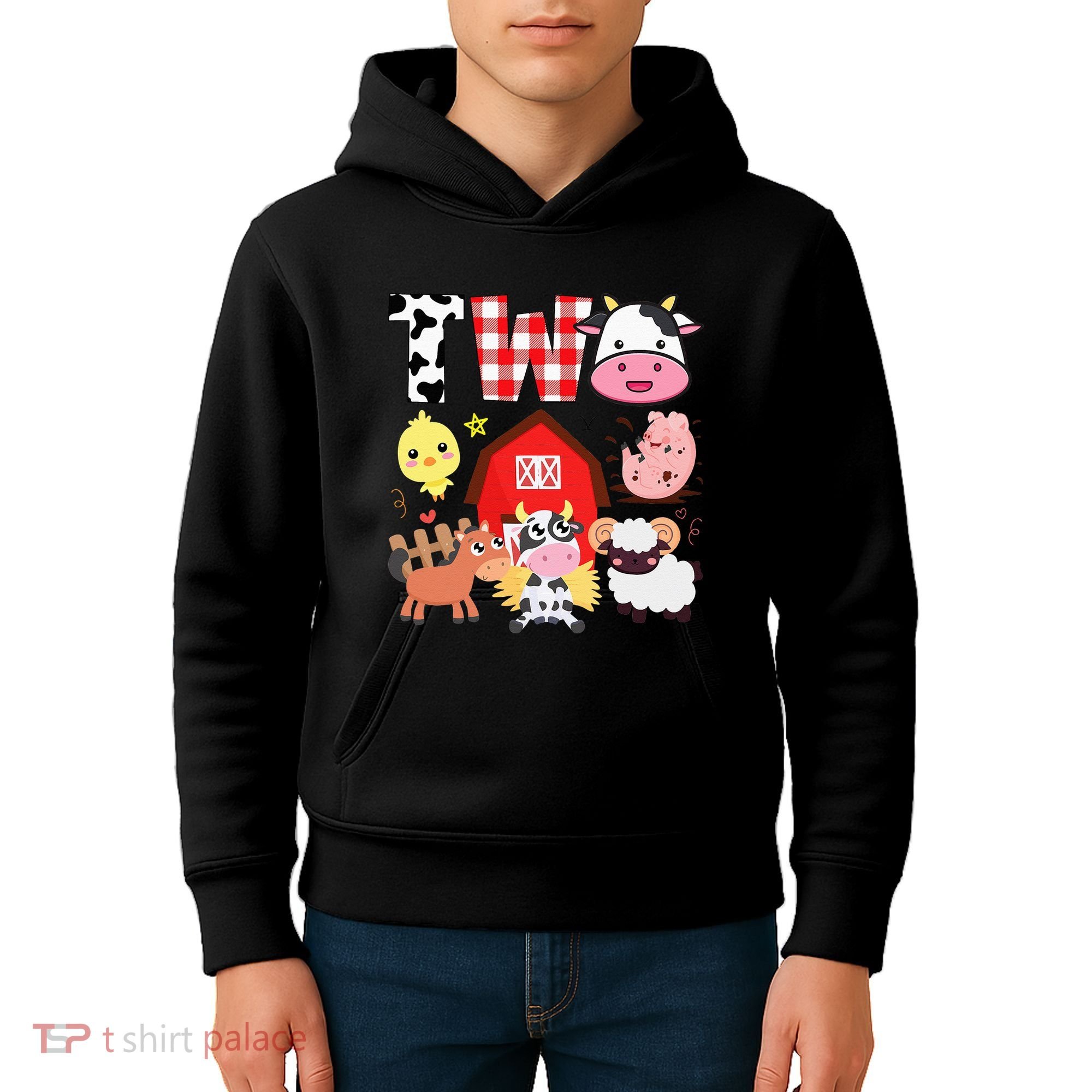 2nd Birthday Two Year Old Farm Theme Animals Birthday Party Kids Hoodie