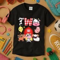 2nd Birthday Two Year Old Farm Theme Animals Birthday Party Kids T-Shirt thumb 3