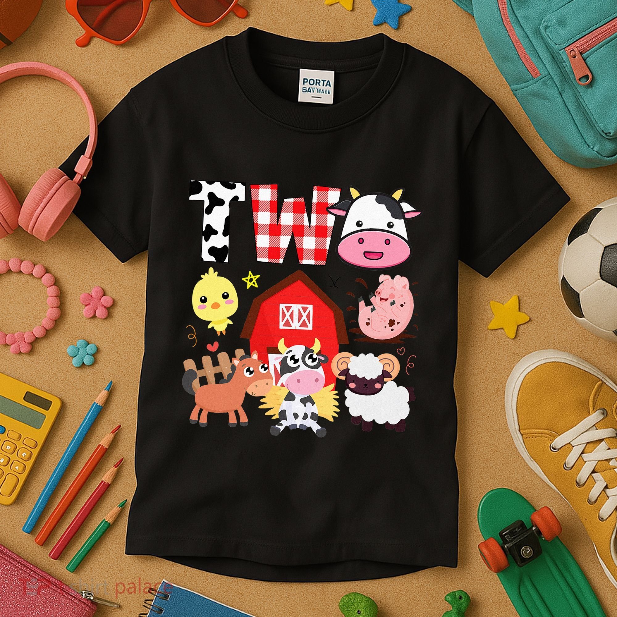 2nd Birthday Two Year Old Farm Theme Animals Birthday Party Kids T-Shirt