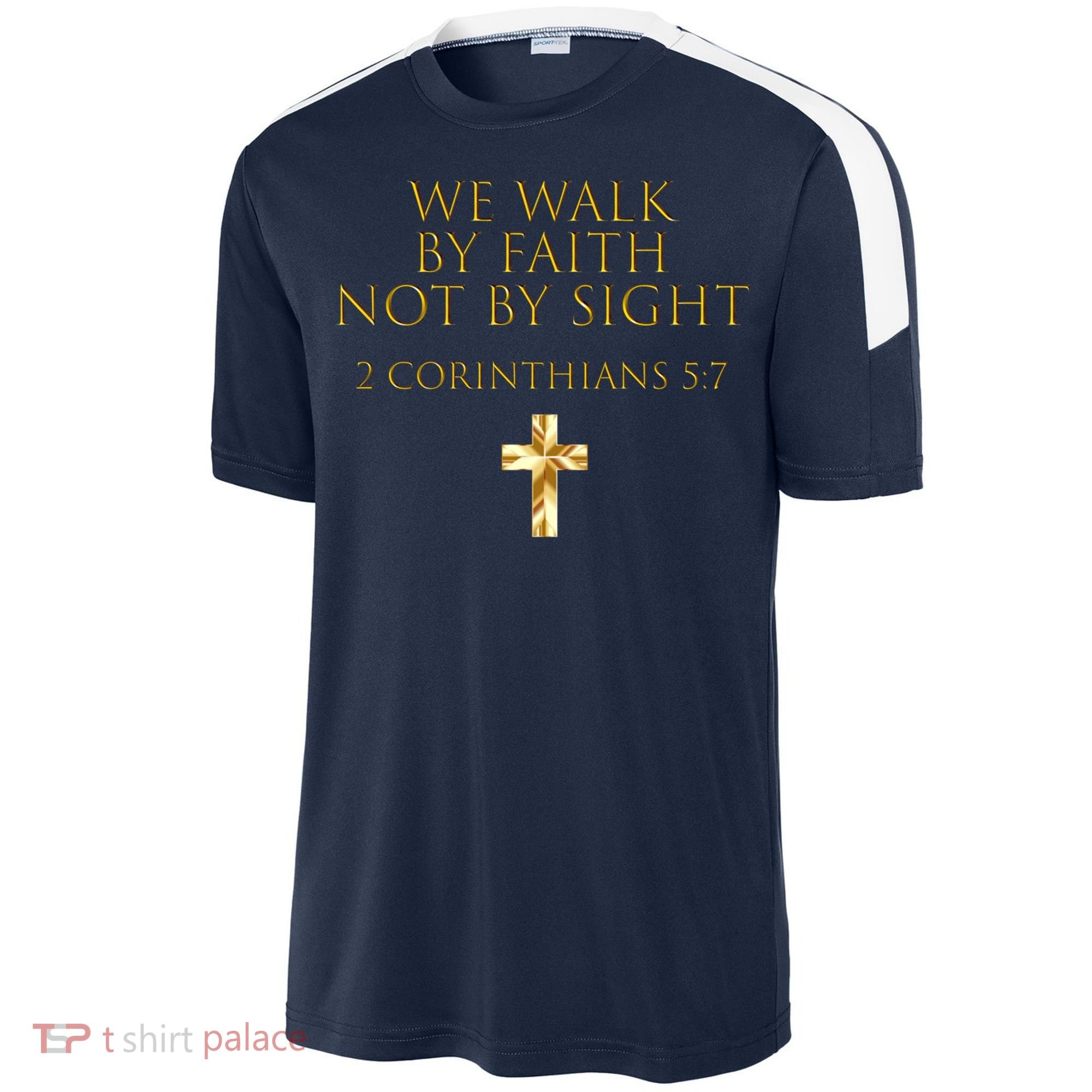 2 Corinthians 5:7 Bible Verse We Walk By Faith Not By Sight Gift Sport-Tek Competitor United Soccer Jersey