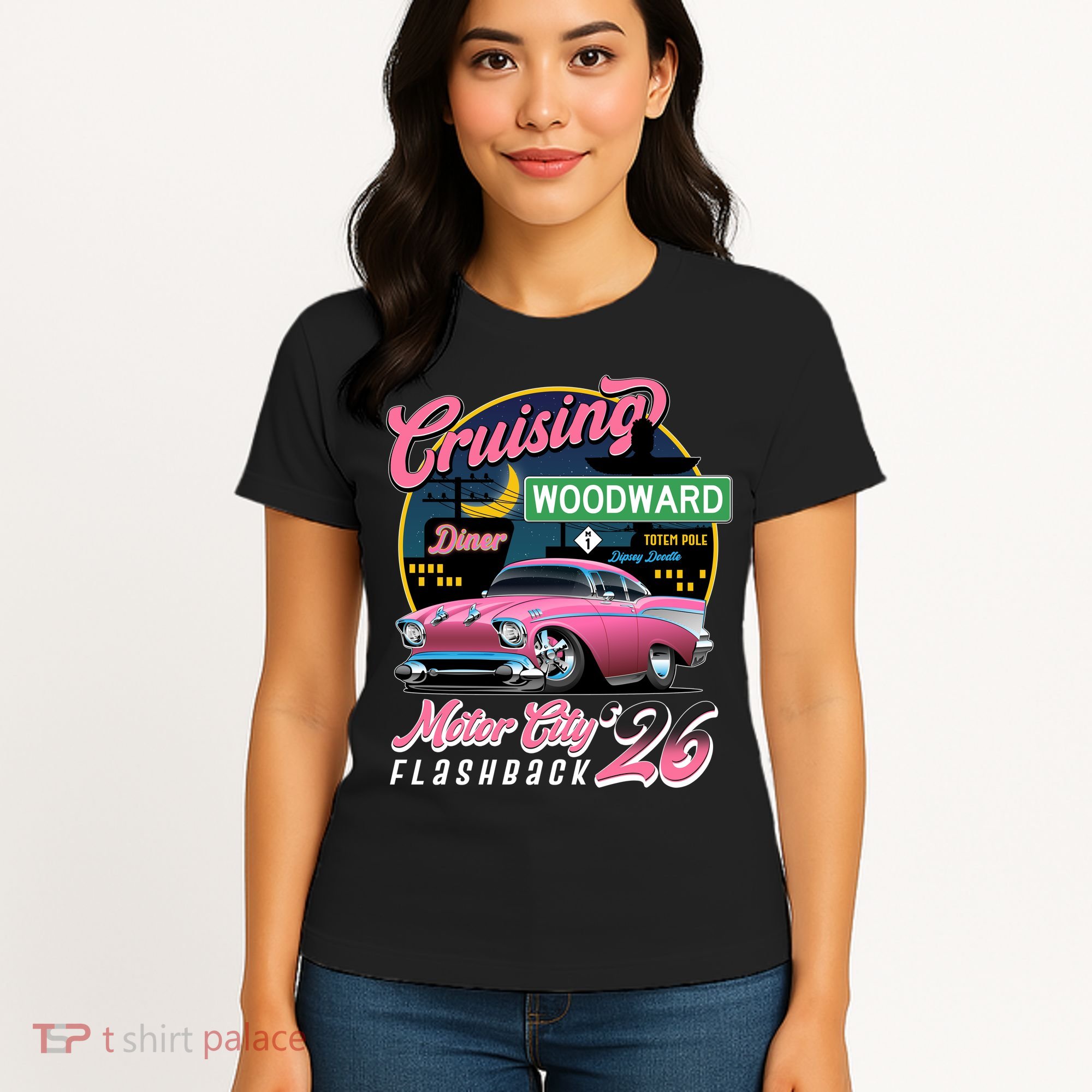 2026 Crusing M1 Woodward Flashback: Pink Night Cruise Women's T-Shirt