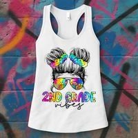 2nd Grade Vibes Messy Hair Bun Girl Back To School First Day Of Second Grade Women's Tank Top thumb 3