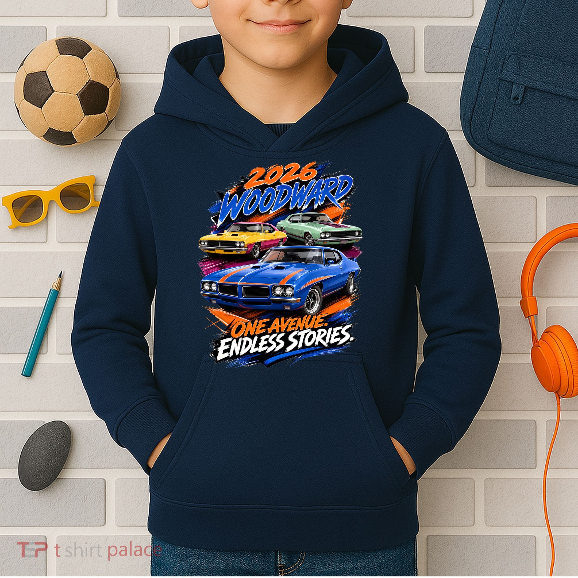 2026 Michigan Car Cruise Woodward M1 Endless Stories Kids Hoodie