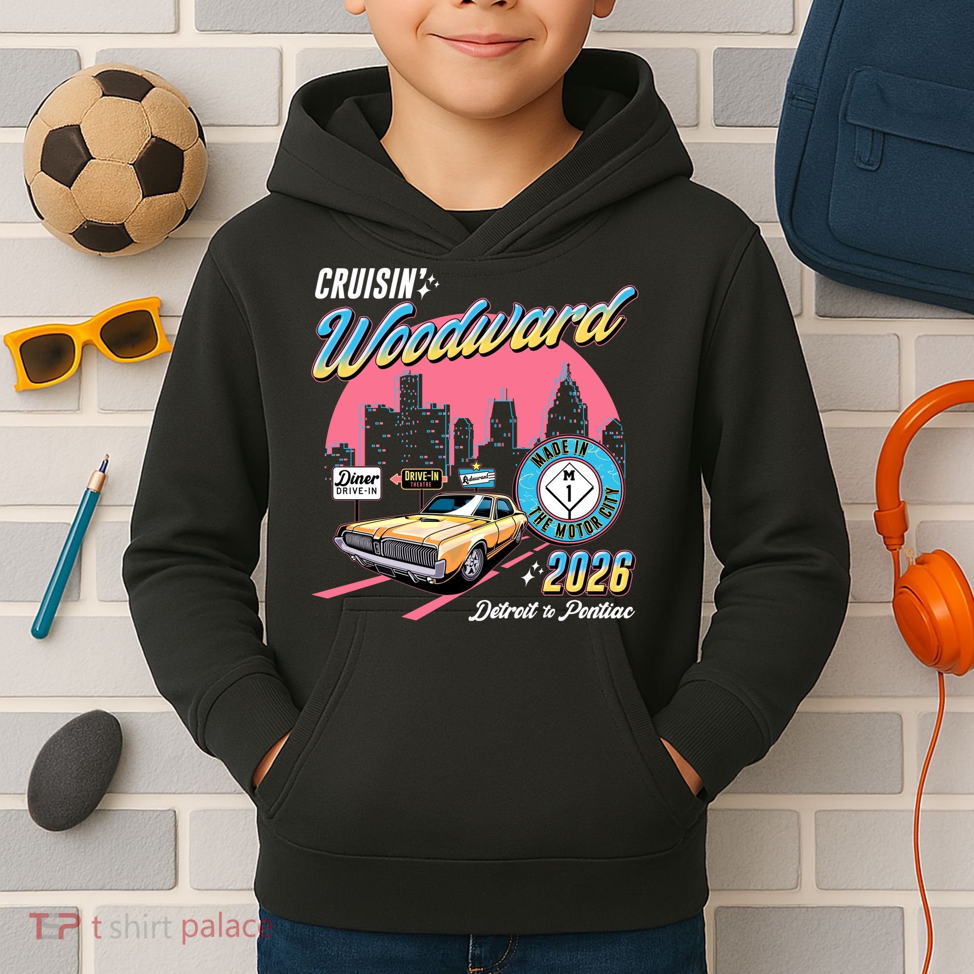 2026 Made In Motor City: Yellow Cadi Nights Woodward Ave Kids Hoodie