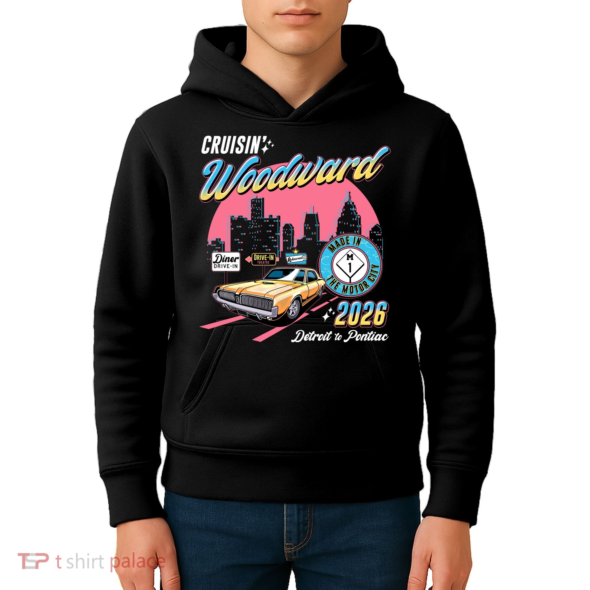 2026 Made In Motor City: Yellow Cadi Nights Woodward Ave Kids Hoodie