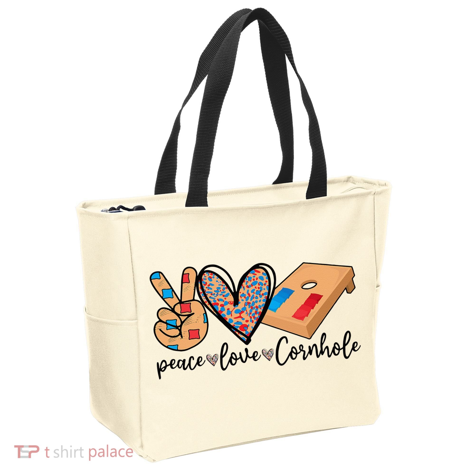 2pNJ Peace Love Cornhole Board Bag Toss Game Cornhole lover Tote Bag