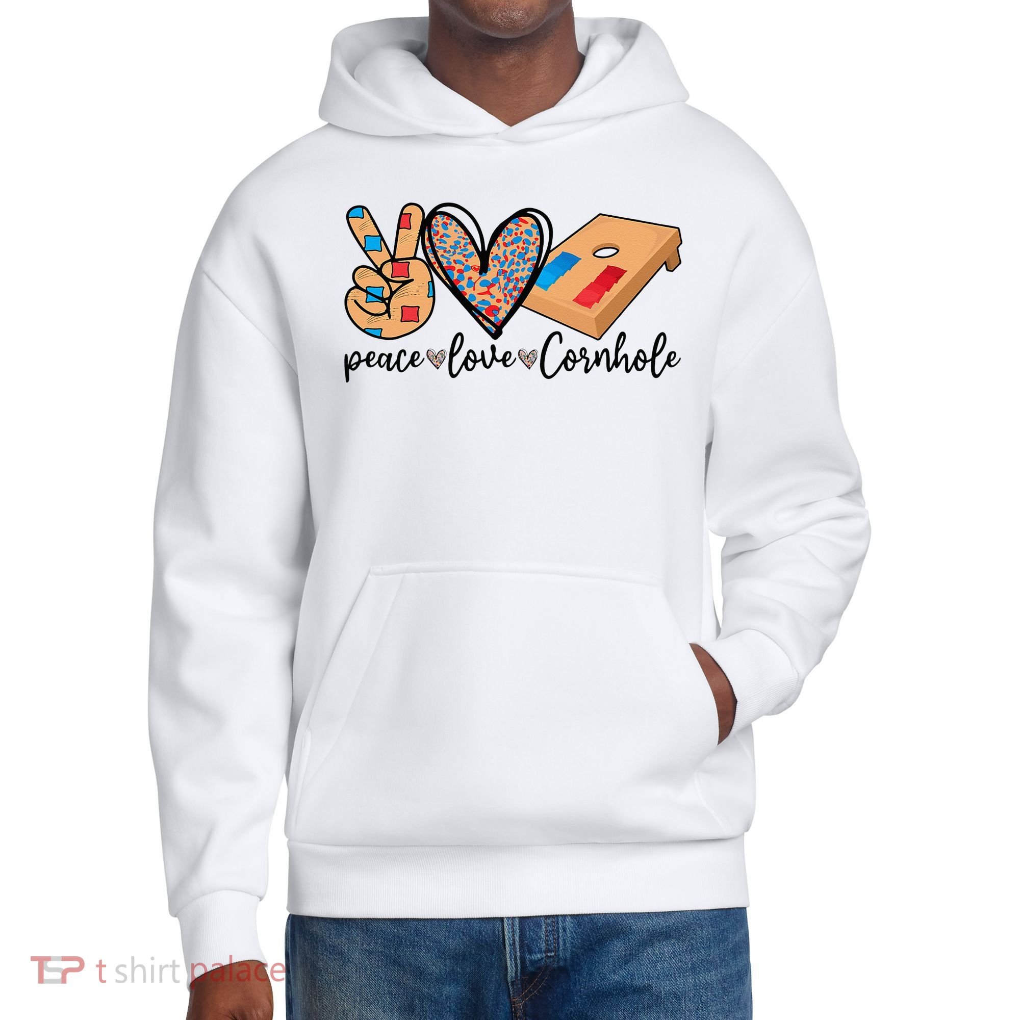 2pNJ Peace Love Cornhole Board Bag Toss Game Cornhole lover District V.I.T. Heavyweight Hoodie