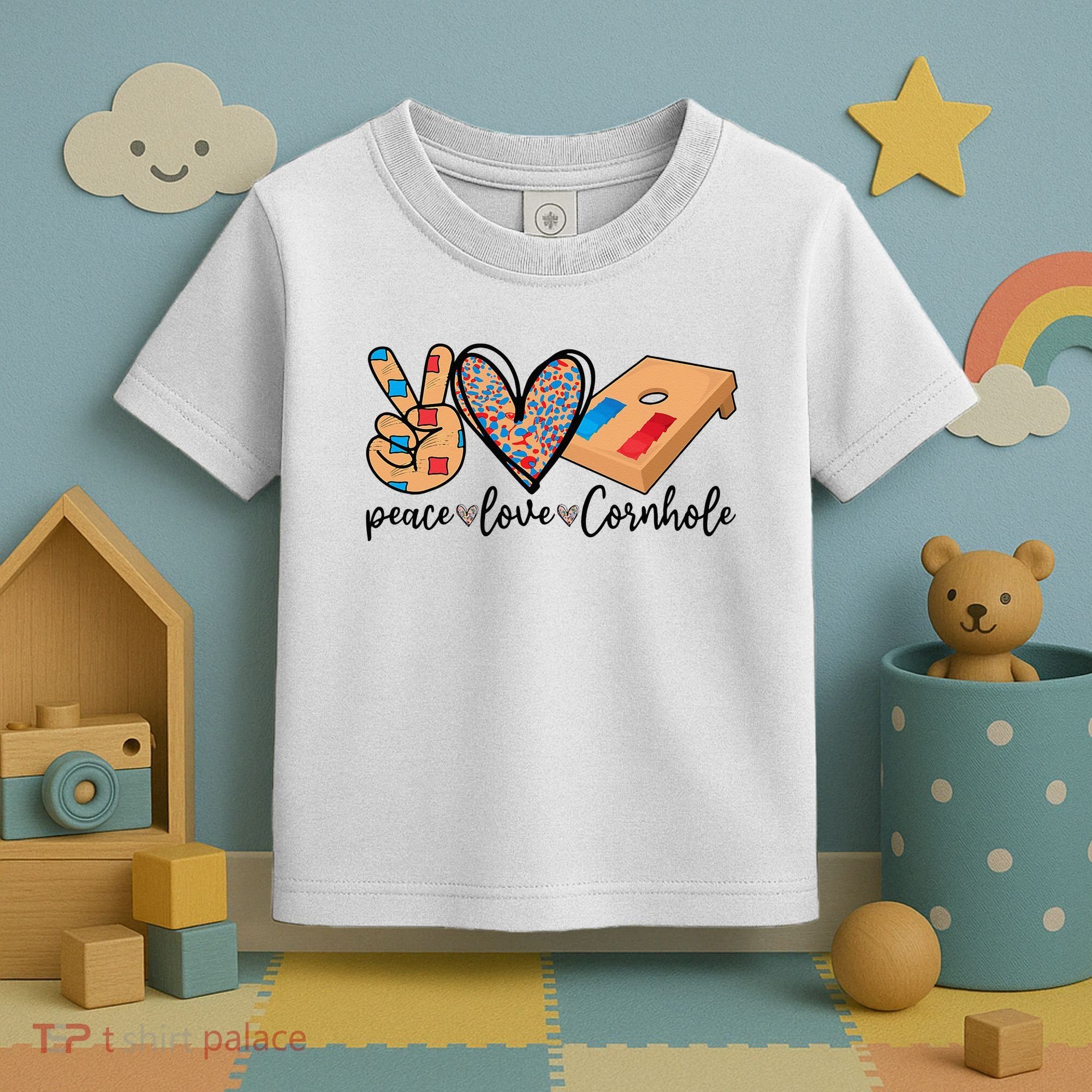 2pNJ Peace Love Cornhole Board Bag Toss Game Cornhole lover Toddler T-Shirt