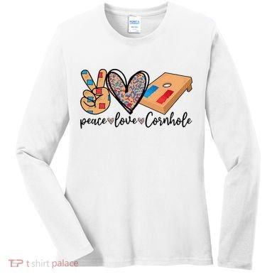 2pNJ Peace Love Cornhole Board Bag Toss Game Cornhole lover Women's Long Sleeve Shirt