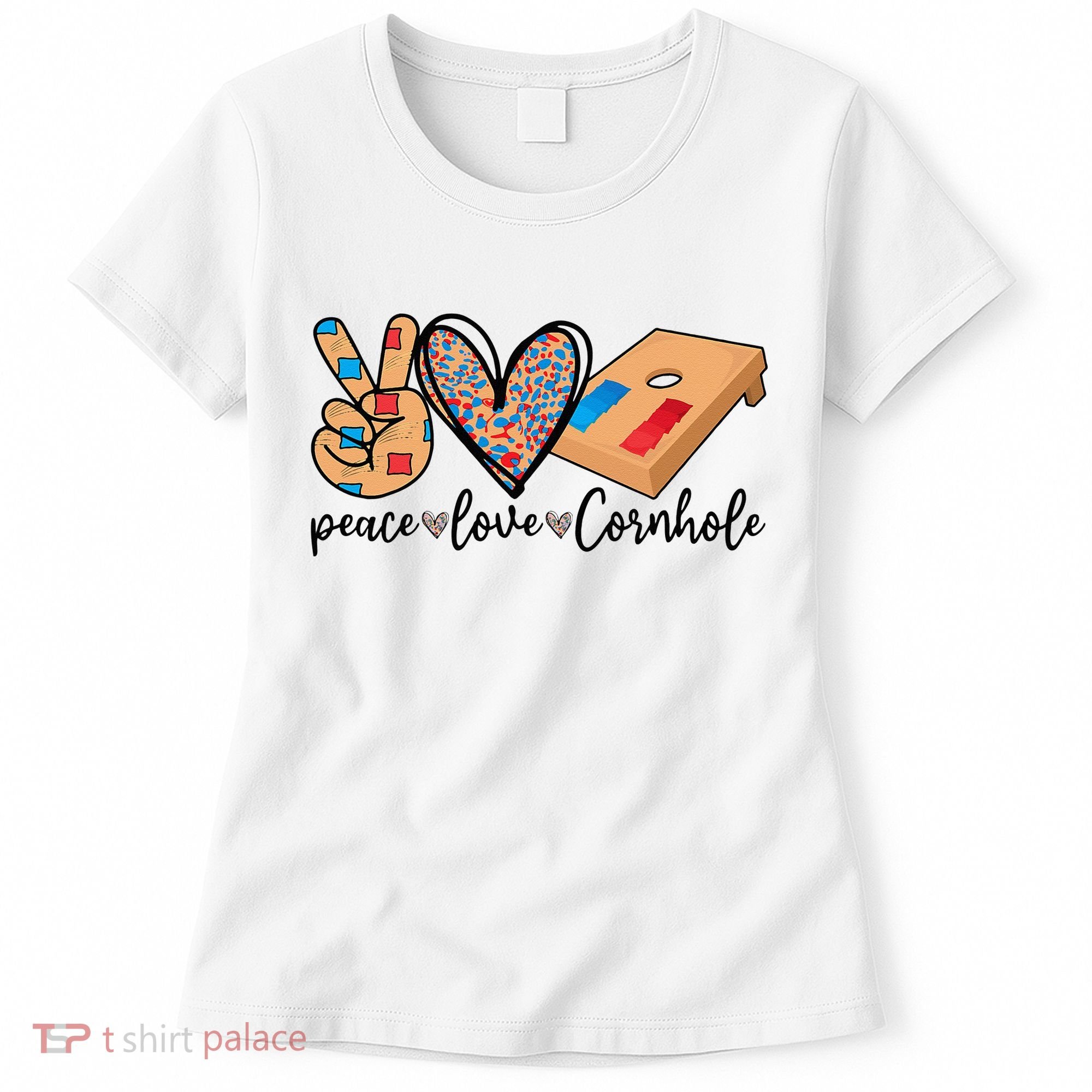 2pNJ Peace Love Cornhole Board Bag Toss Game Cornhole lover Women's T-Shirt