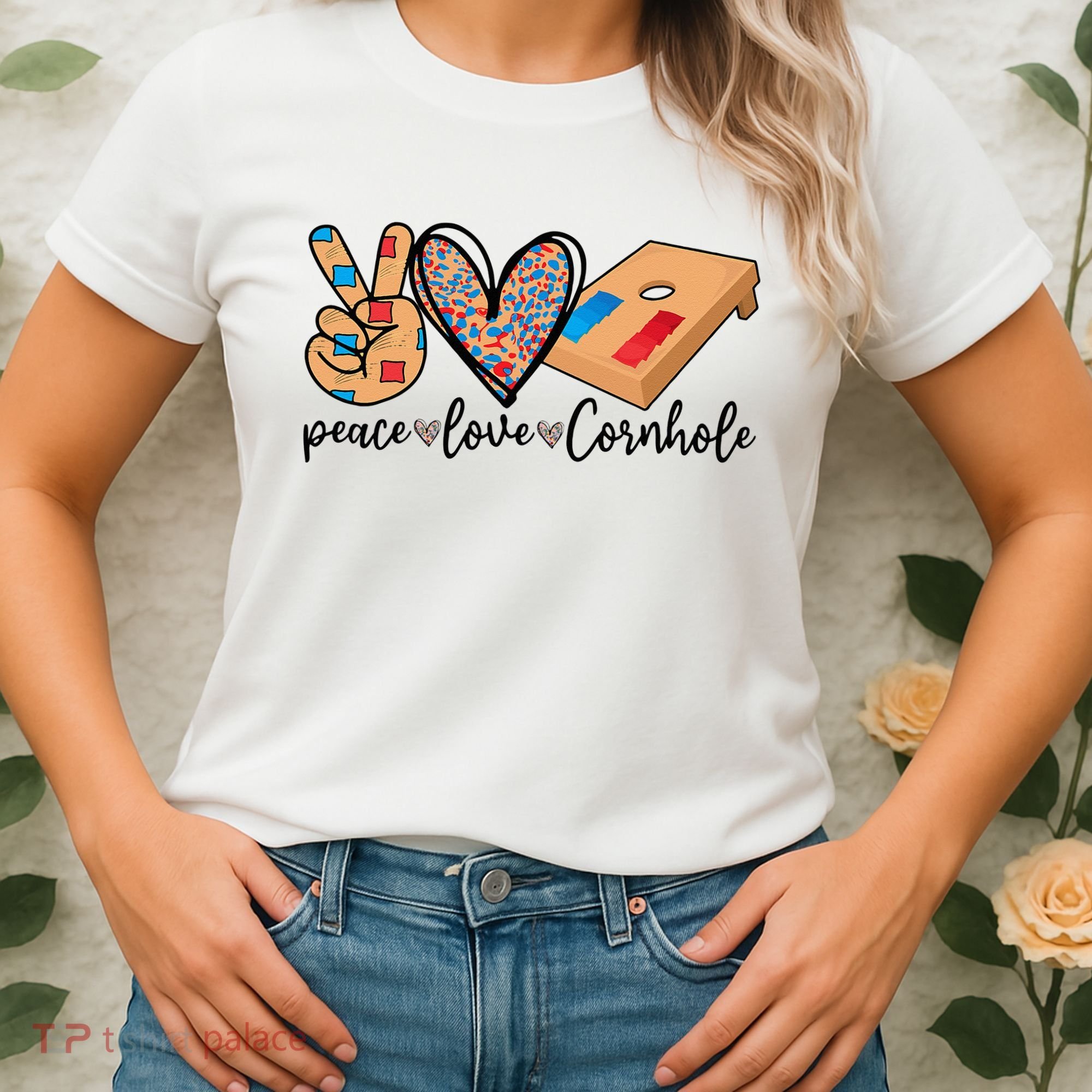 2pNJ Peace Love Cornhole Board Bag Toss Game Cornhole lover Women's T-Shirt