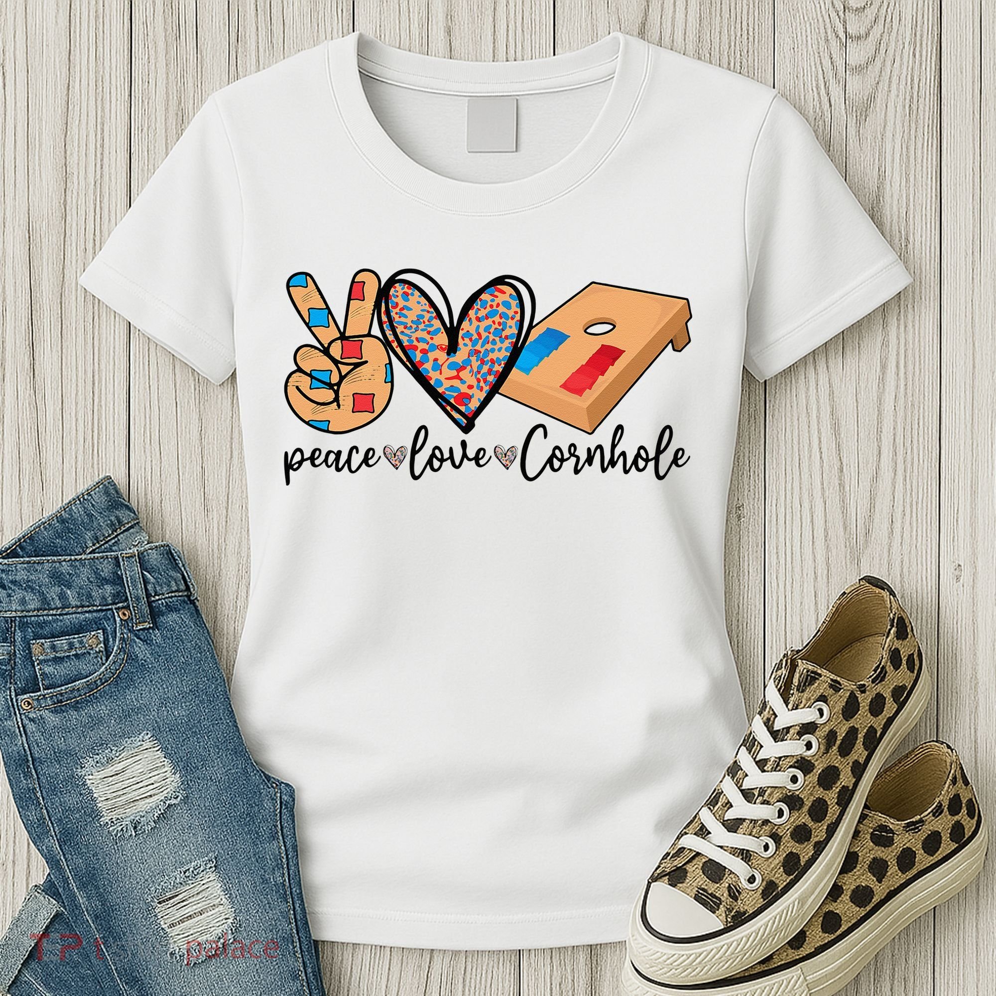 2pNJ Peace Love Cornhole Board Bag Toss Game Cornhole lover Women's T-Shirt
