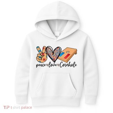 2pNJ Peace Love Cornhole Board Bag Toss Game Cornhole lover Kids Hoodie
