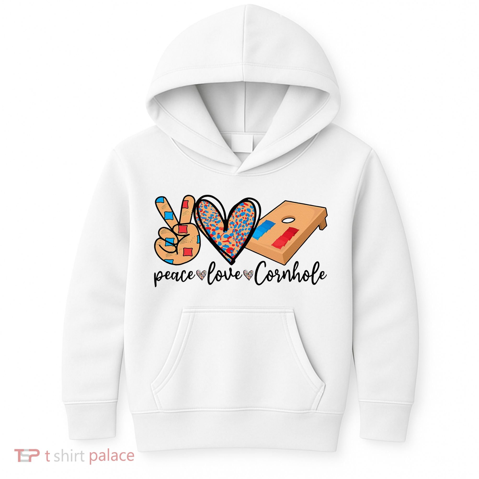 2pNJ Peace Love Cornhole Board Bag Toss Game Cornhole lover Kids Hoodie