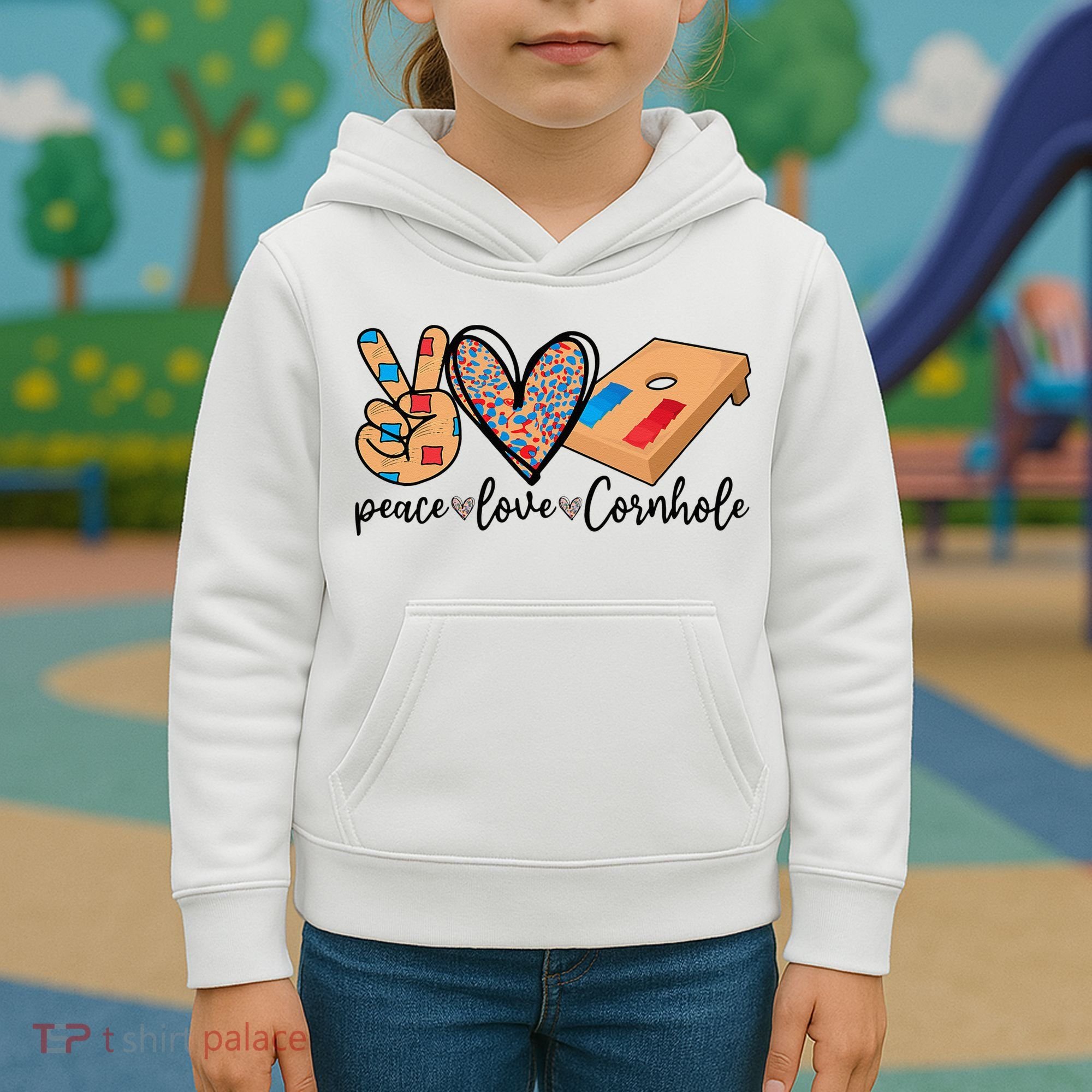2pNJ Peace Love Cornhole Board Bag Toss Game Cornhole lover Kids Hoodie