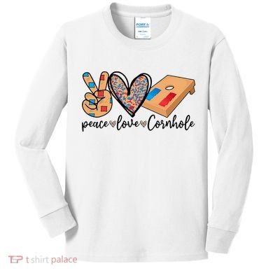 2pNJ Peace Love Cornhole Board Bag Toss Game Cornhole lover Kids Long Sleeve Shirt