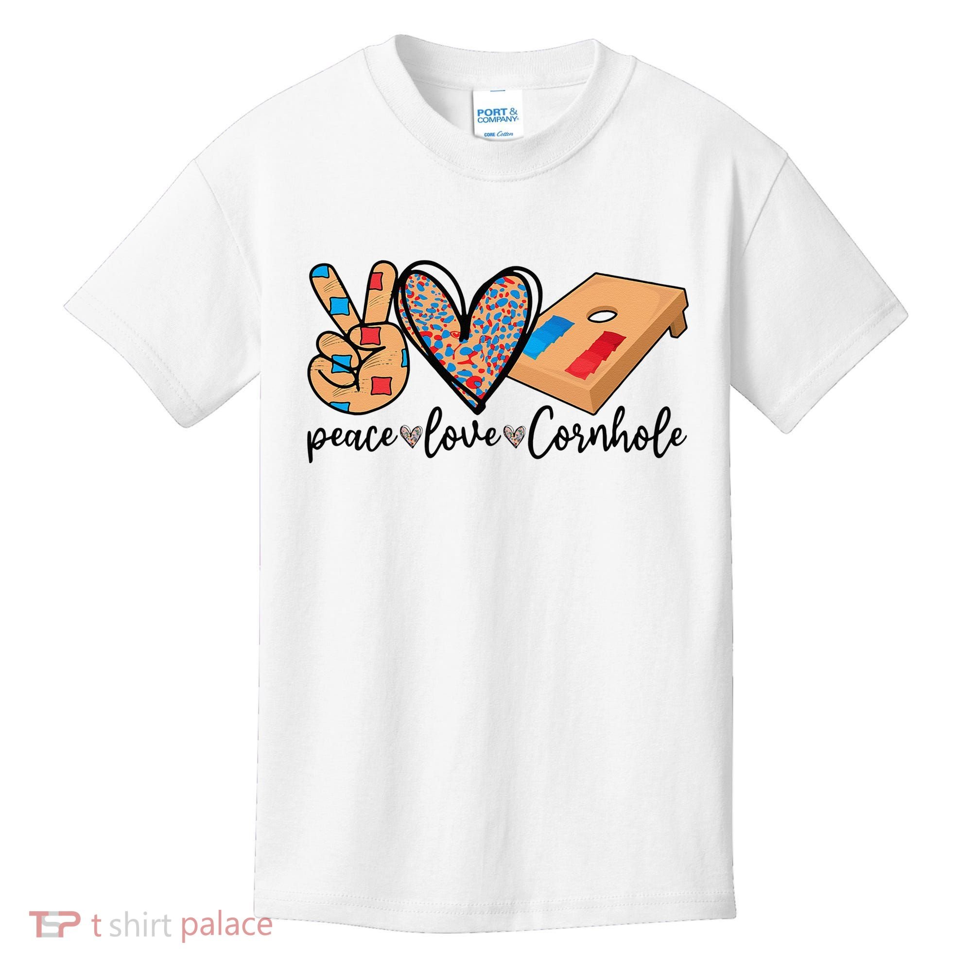 2pNJ Peace Love Cornhole Board Bag Toss Game Cornhole lover Kids T-Shirt