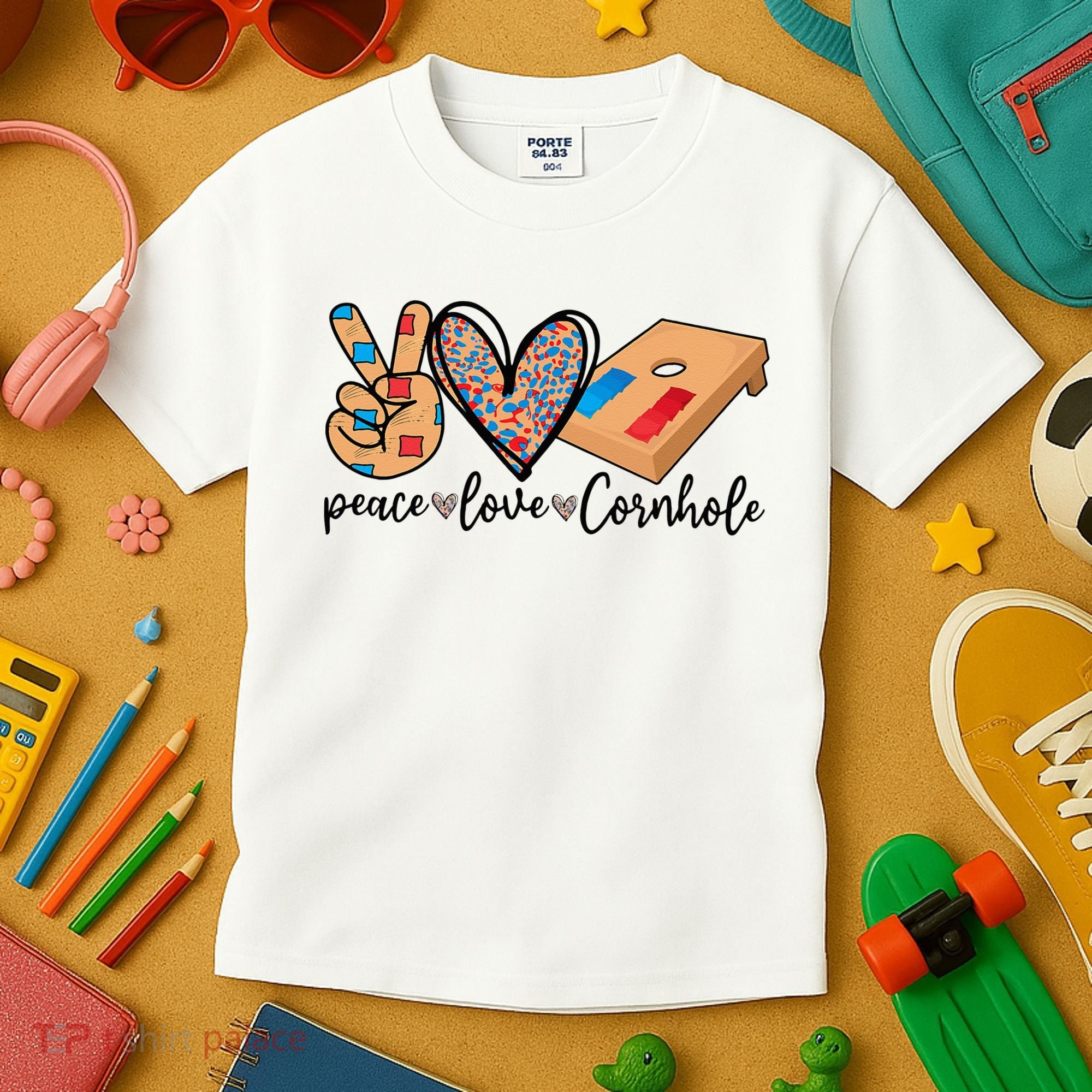 2pNJ Peace Love Cornhole Board Bag Toss Game Cornhole lover Kids T-Shirt
