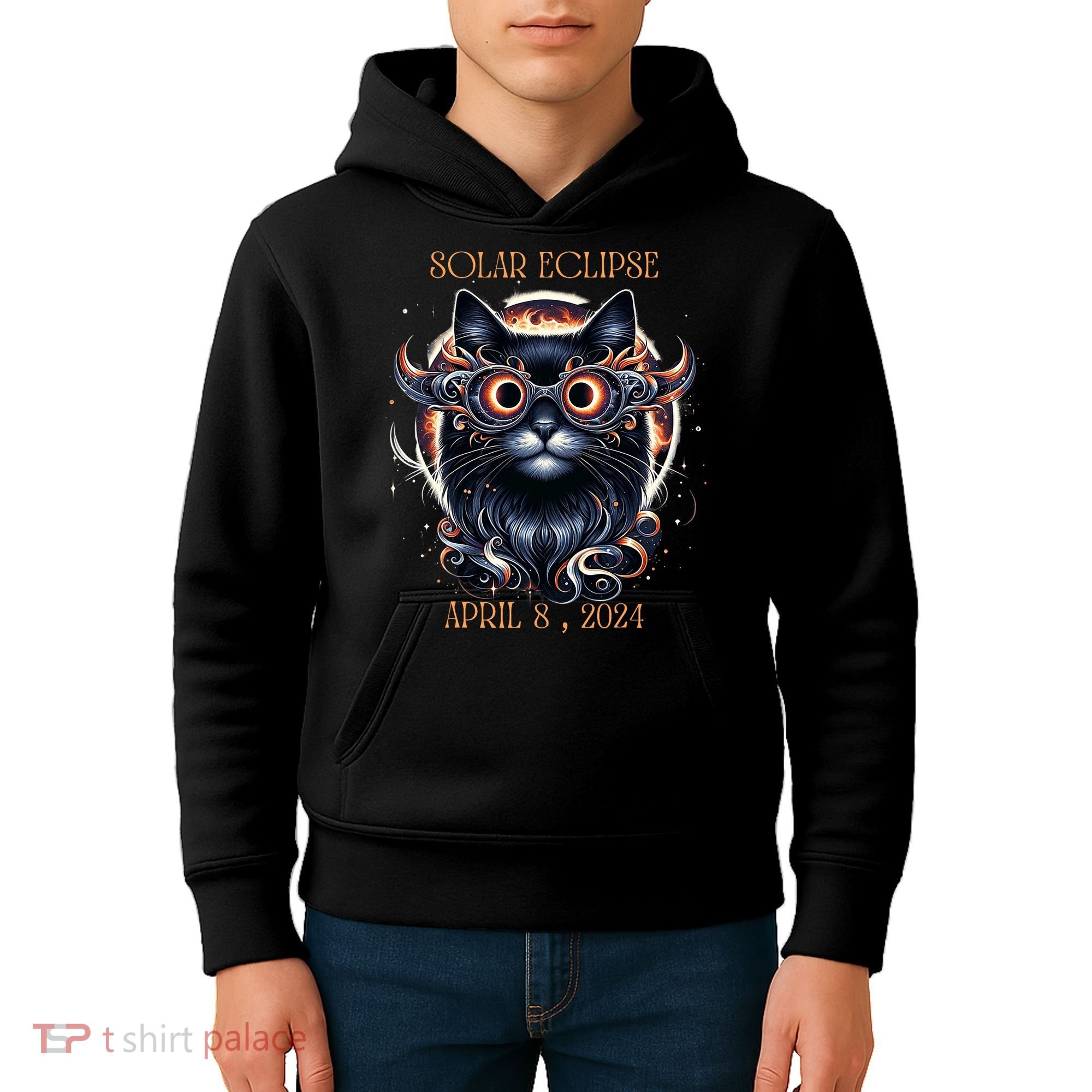 2024 Solar Eclipse Fantasy Cat Wearing Solar Eclipse Glasses Kids Hoodie