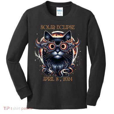 2024 Solar Eclipse Fantasy Cat Wearing Solar Eclipse Glasses Kids Long Sleeve Shirt