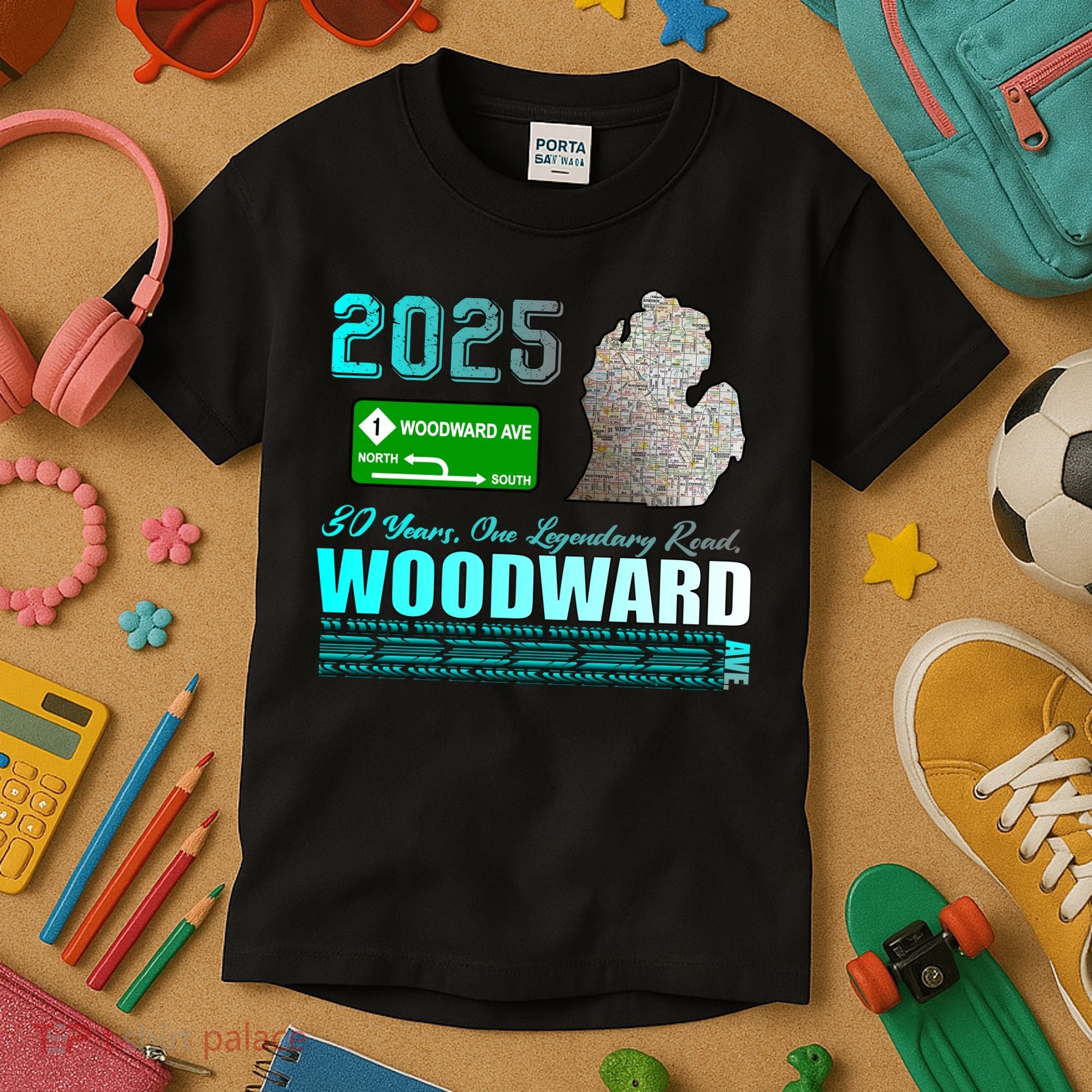 2025 Woodward Ave 30 Years One Legendary Road Map Kids T-Shirt