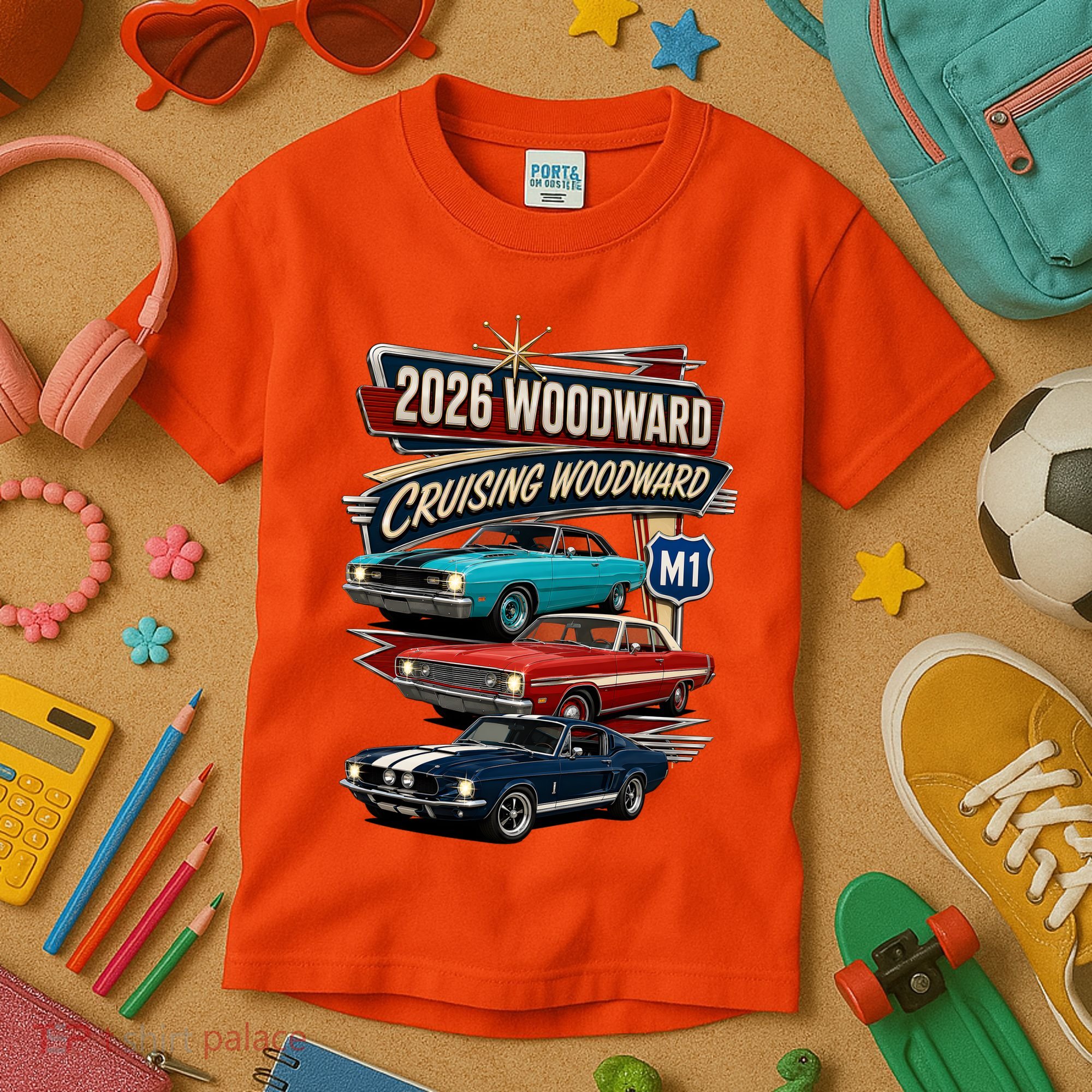 2026 Woodward Cruising M1 Classic Car Cruise Mustang Kids T-Shirt