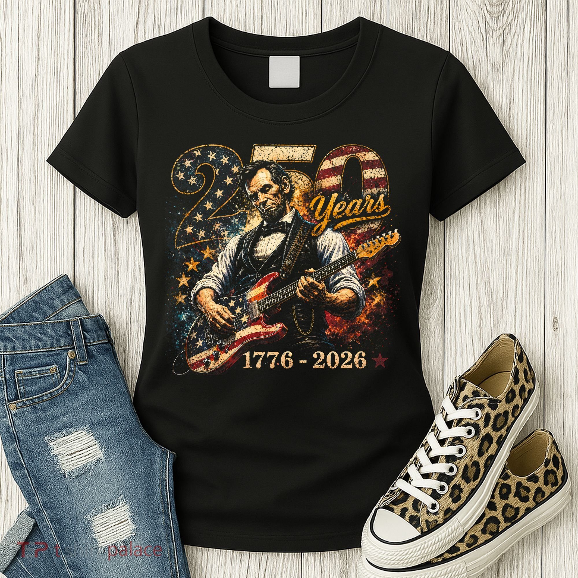 250 Years Abe Lincoln Playing Guitar 250th Anniversary  Women's T-Shirt