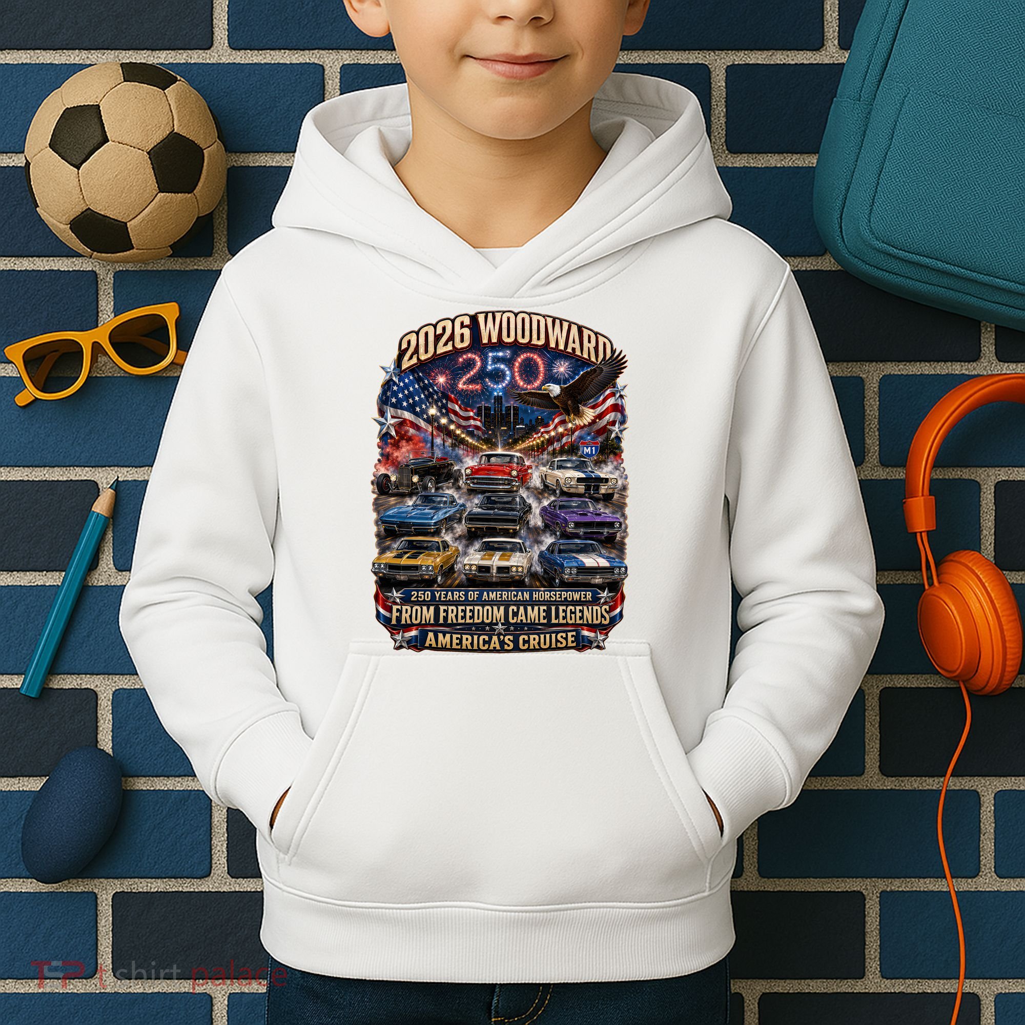 250 Years Of American Horsepower 2026 Woodward Cruising M1 Kids Hoodie