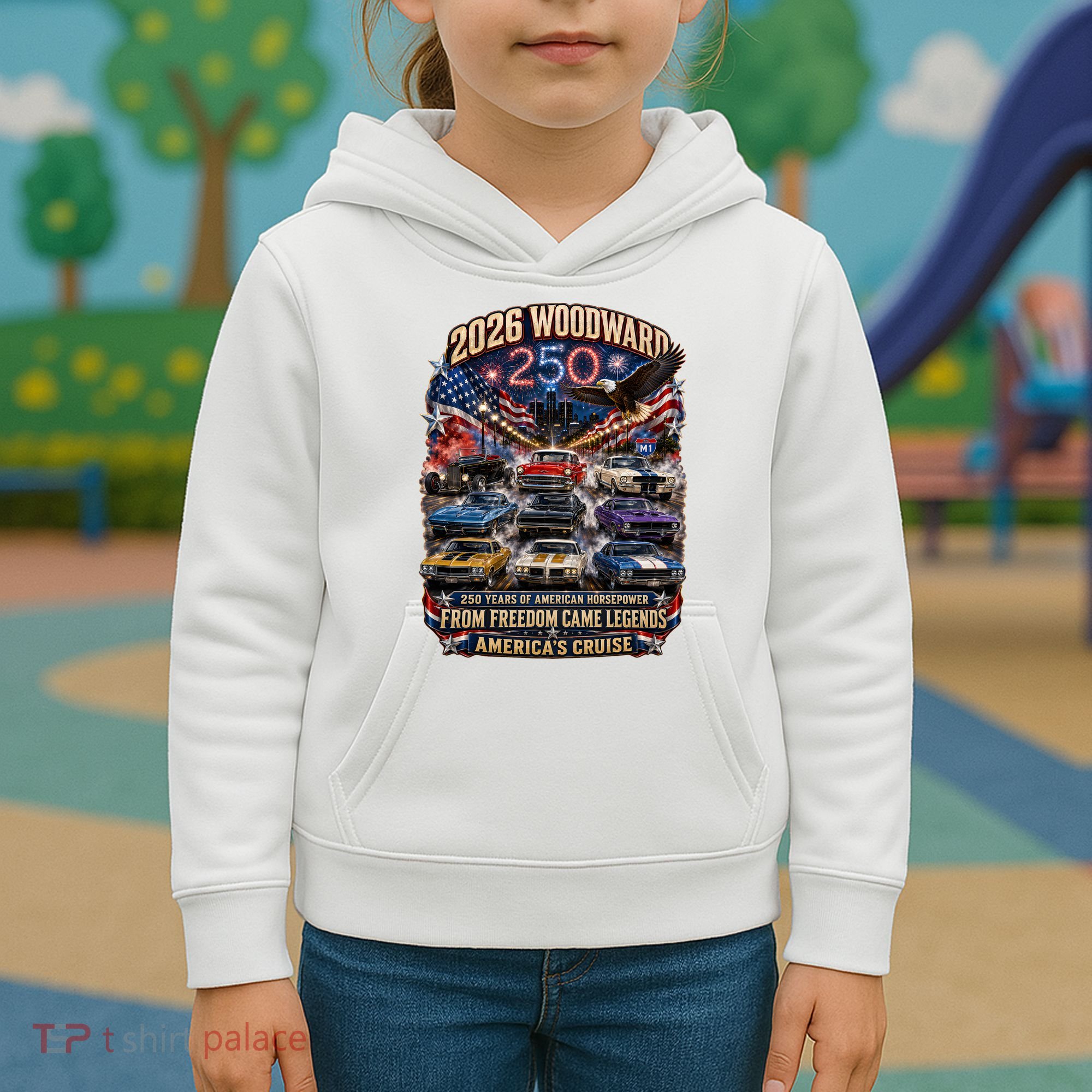 250 Years Of American Horsepower 2026 Woodward Cruising M1 Kids Hoodie