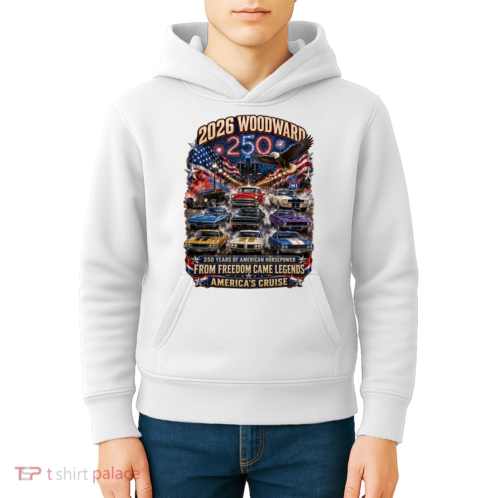 250 Years Of American Horsepower 2026 Woodward Cruising M1 Kids Hoodie