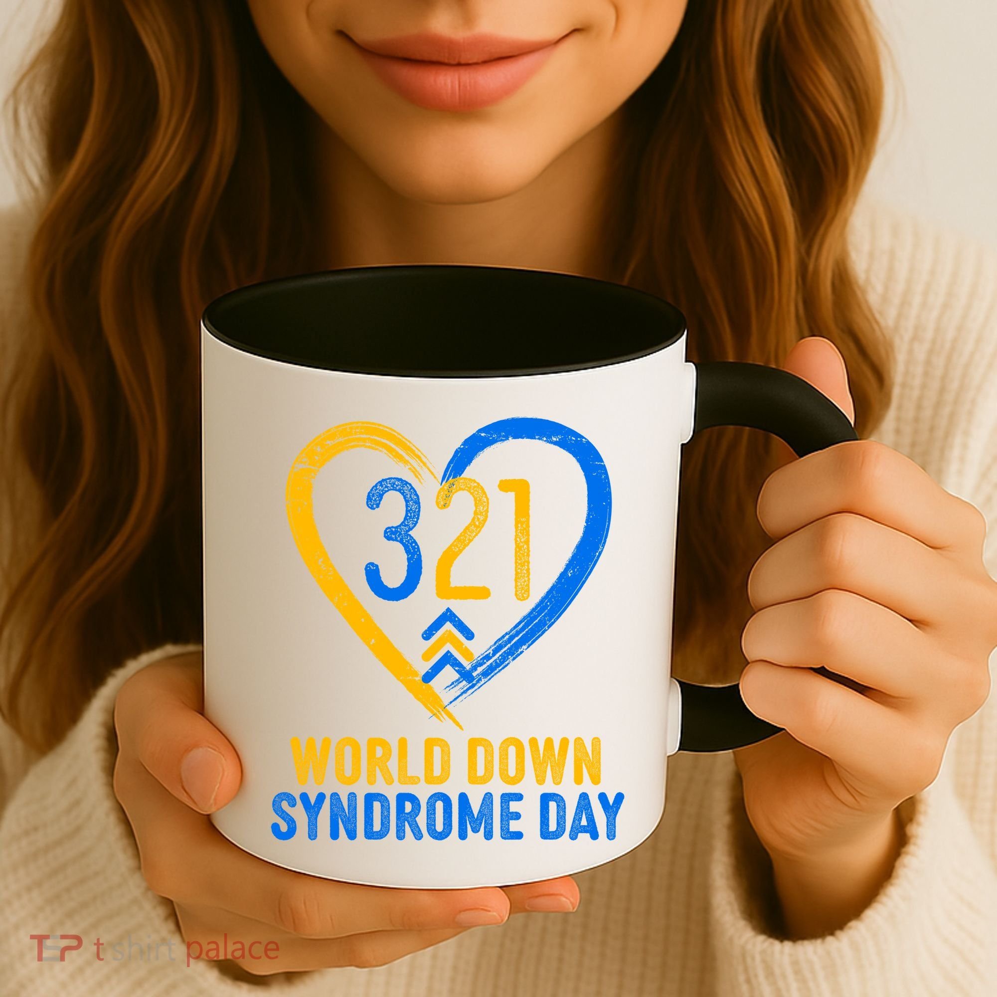 321 World Down Syndrome Day Blue And Yellow Painted Heart Coffee Mug