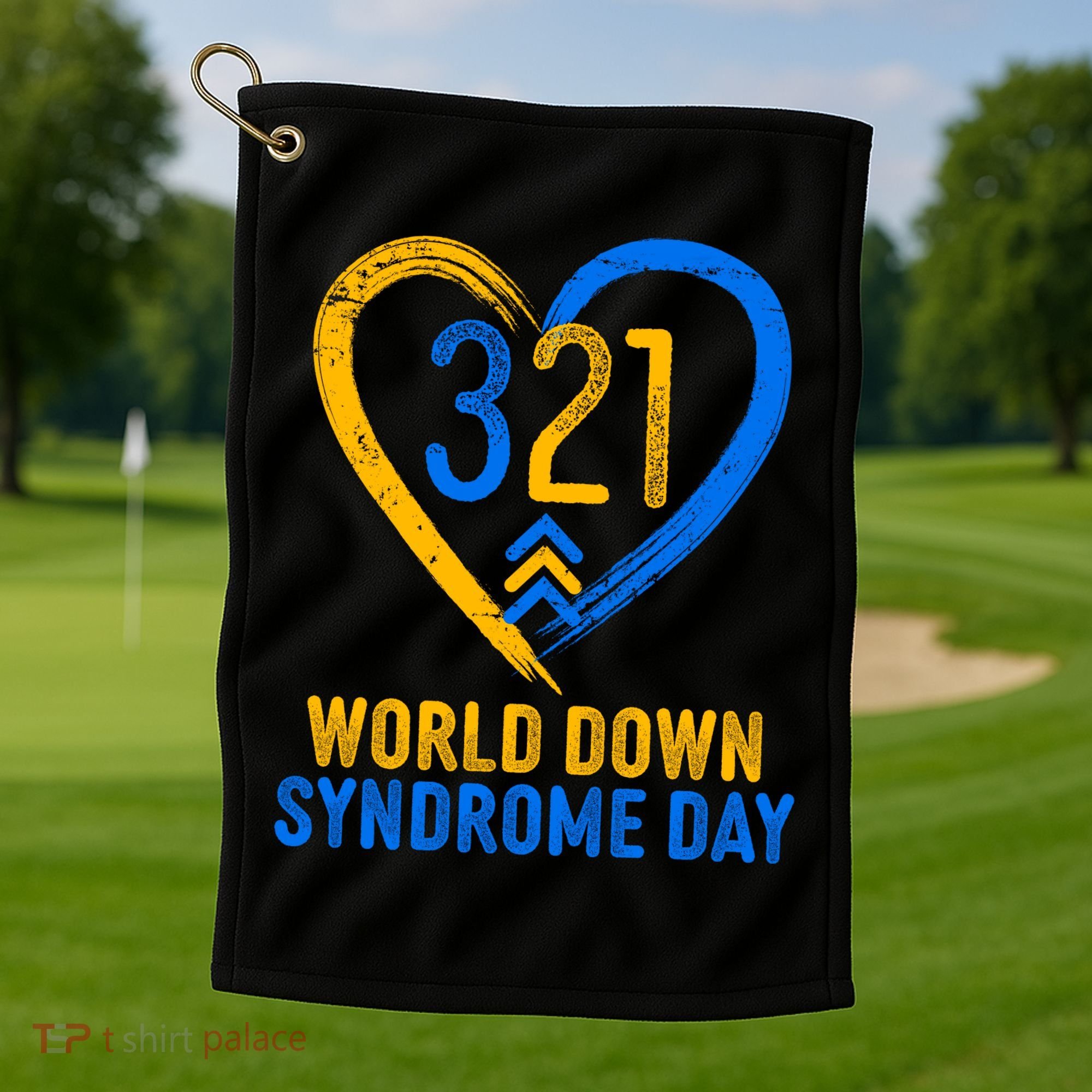 321 World Down Syndrome Day Blue And Yellow Painted Heart Golf Towel