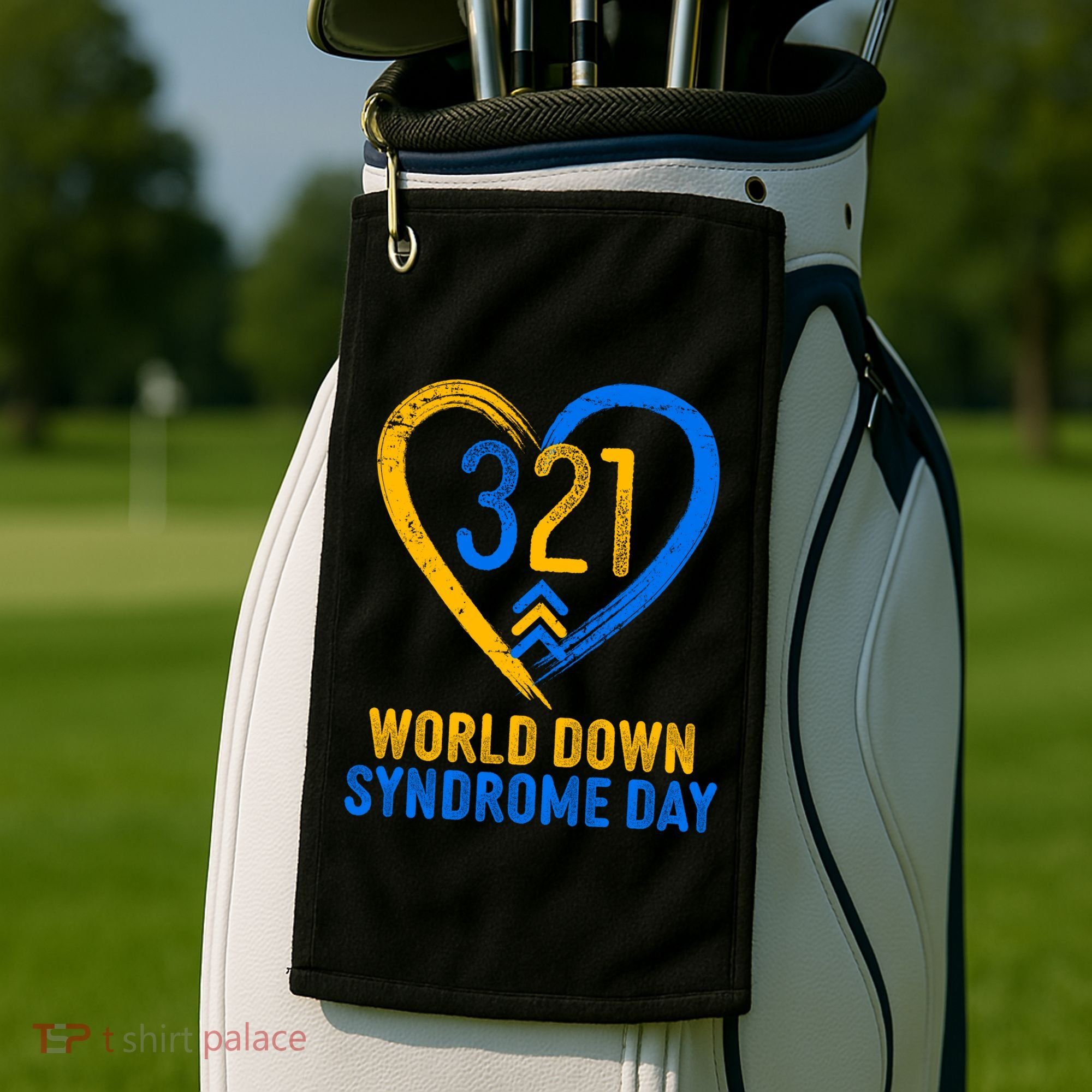 321 World Down Syndrome Day Blue And Yellow Painted Heart Golf Towel