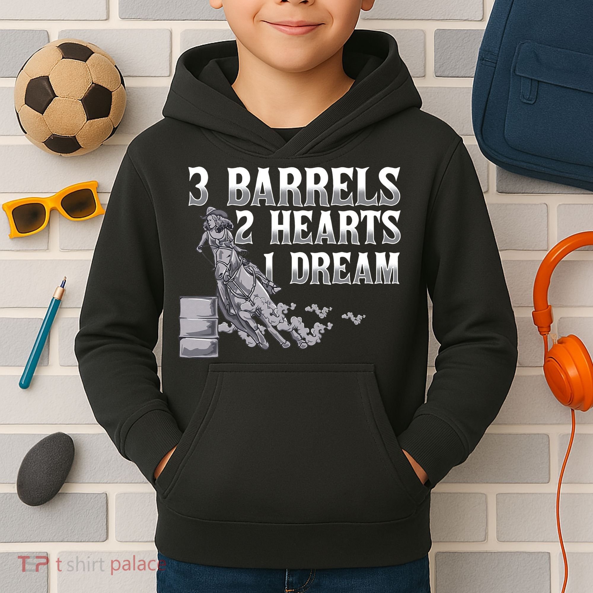 3 Barrels 2 Hearts 1 Dream Horse Barrel Racing Kids Hoodie