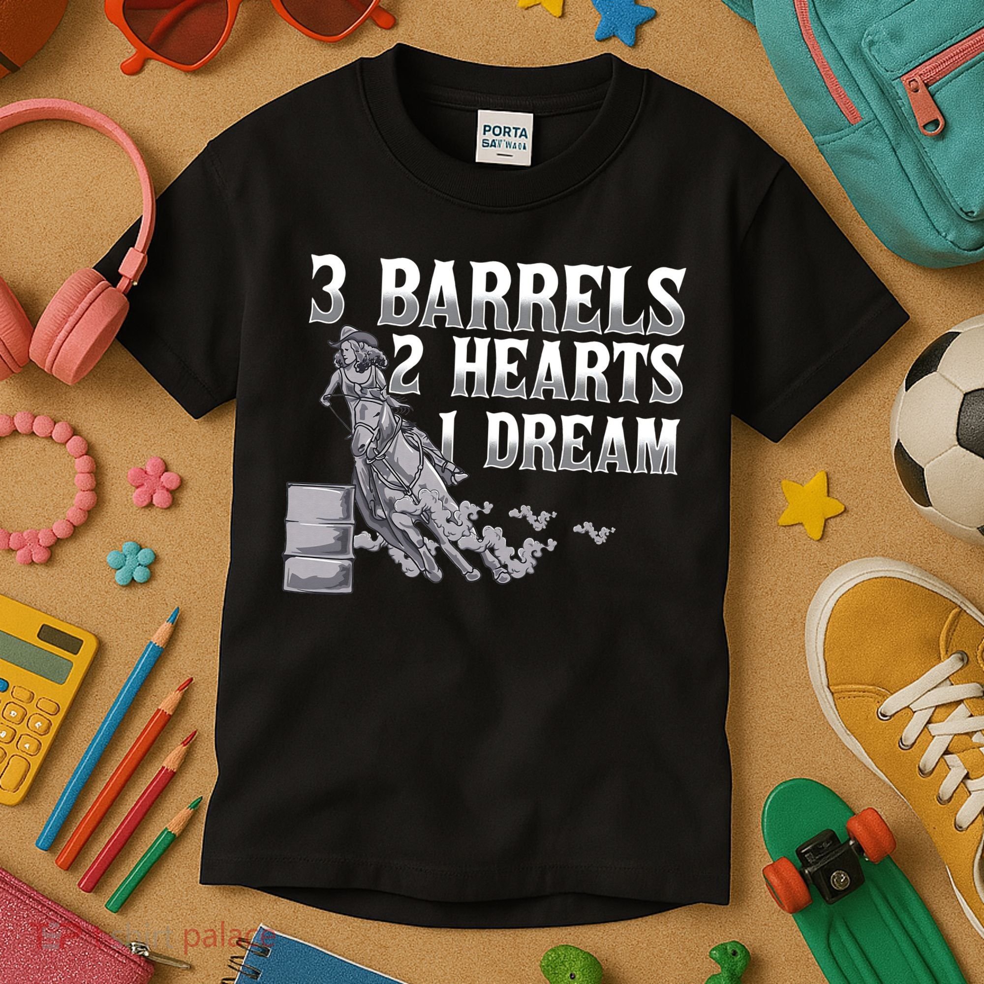3 Barrels 2 Hearts 1 Dream Horse Barrel Racing Kids T-Shirt