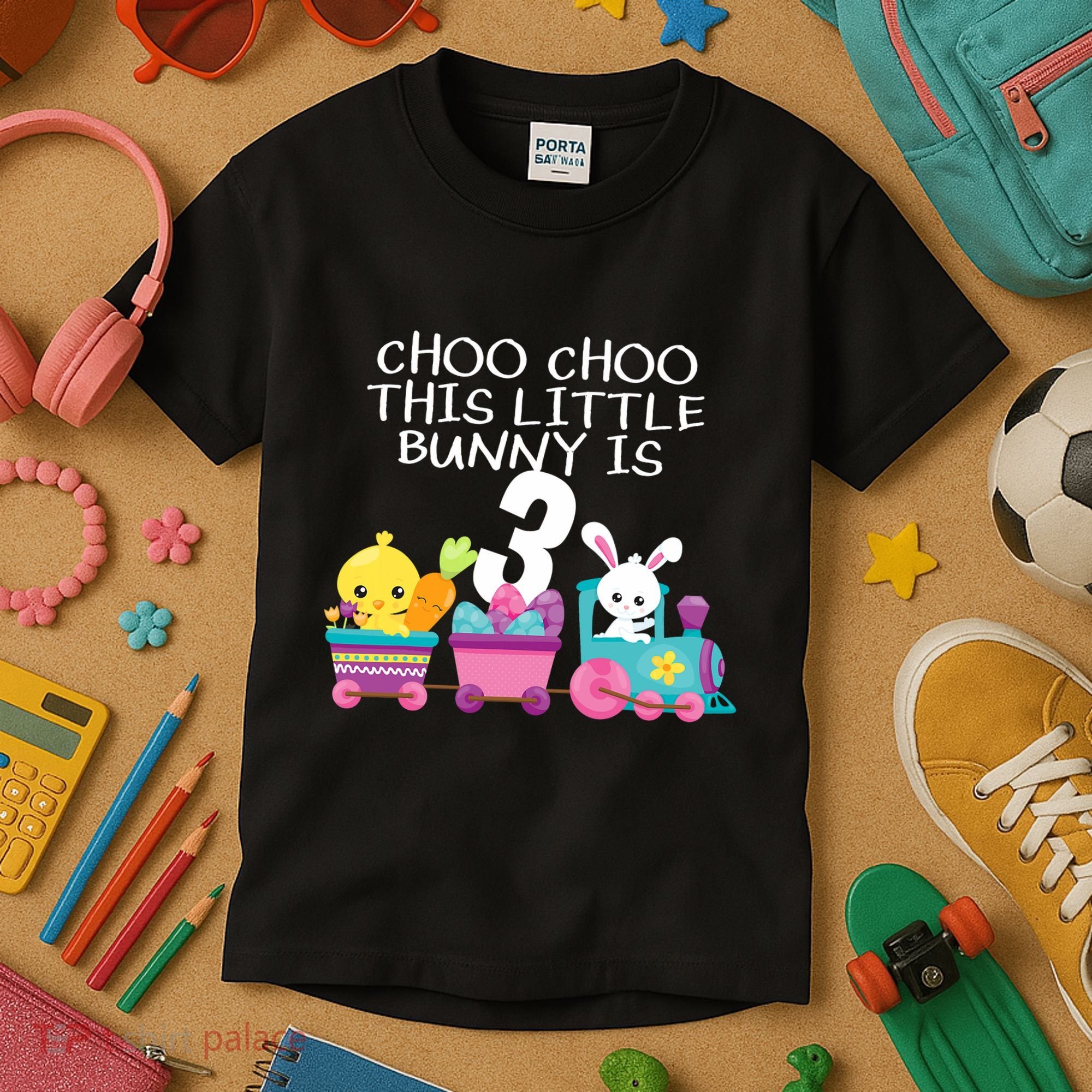 3rd Birthday 3 Easter Bunny 3 Year Old Train Outfit Kids T-Shirt