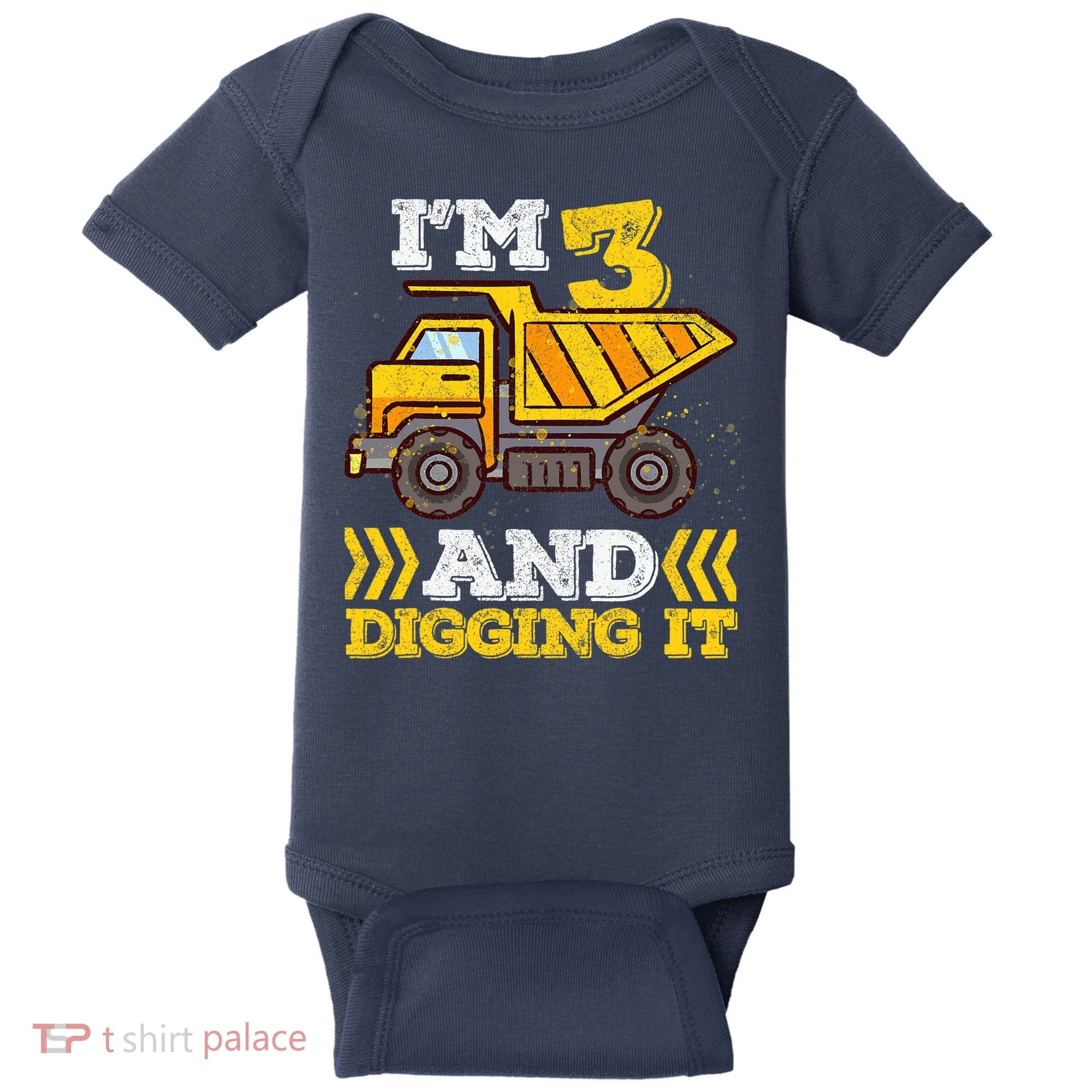3rd Birthday Boy, I'm 3 And Digging It Truck Baby Bodysuit