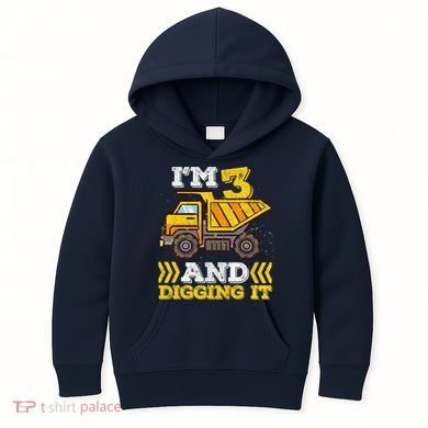3rd Birthday Boy, I'm 3 And Digging It Truck Kids Hoodie