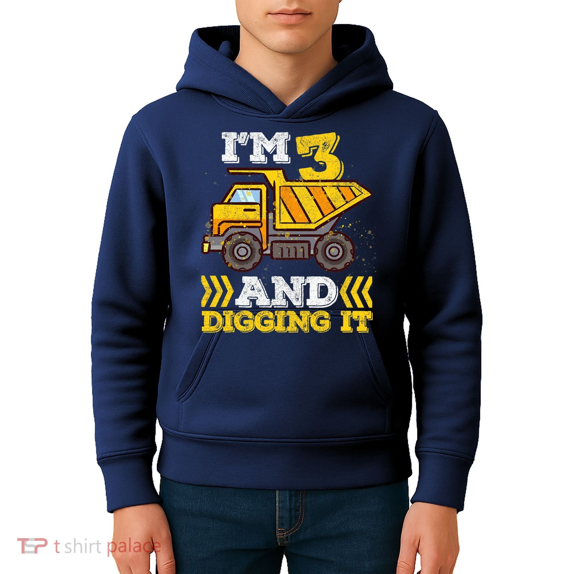3rd Birthday Boy, I'm 3 And Digging It Truck Kids Hoodie