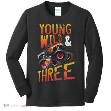 3rd Birthday Boy Monster Truck Rule Jam Three Years Kids Long Sleeve Shirt