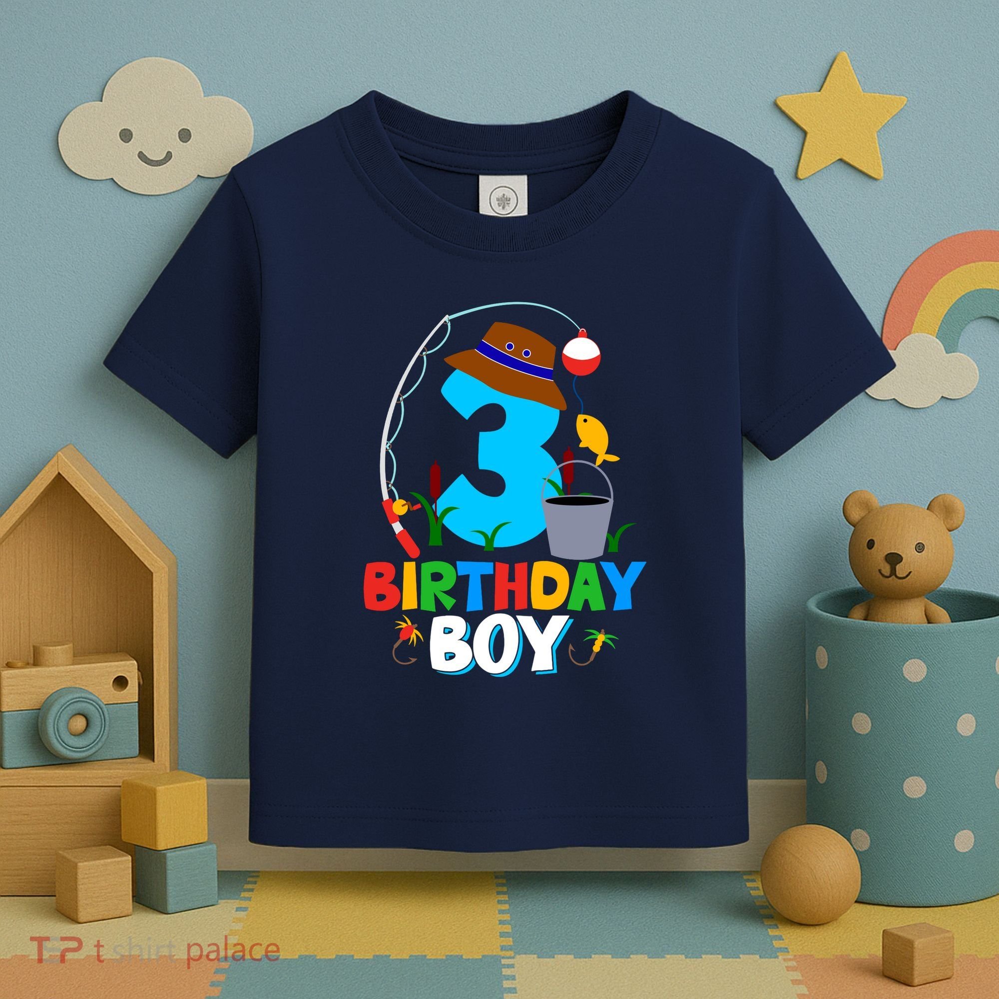 3rd Birthday Boy Fishing Fish Bday Party Decorations Toddler T-Shirt