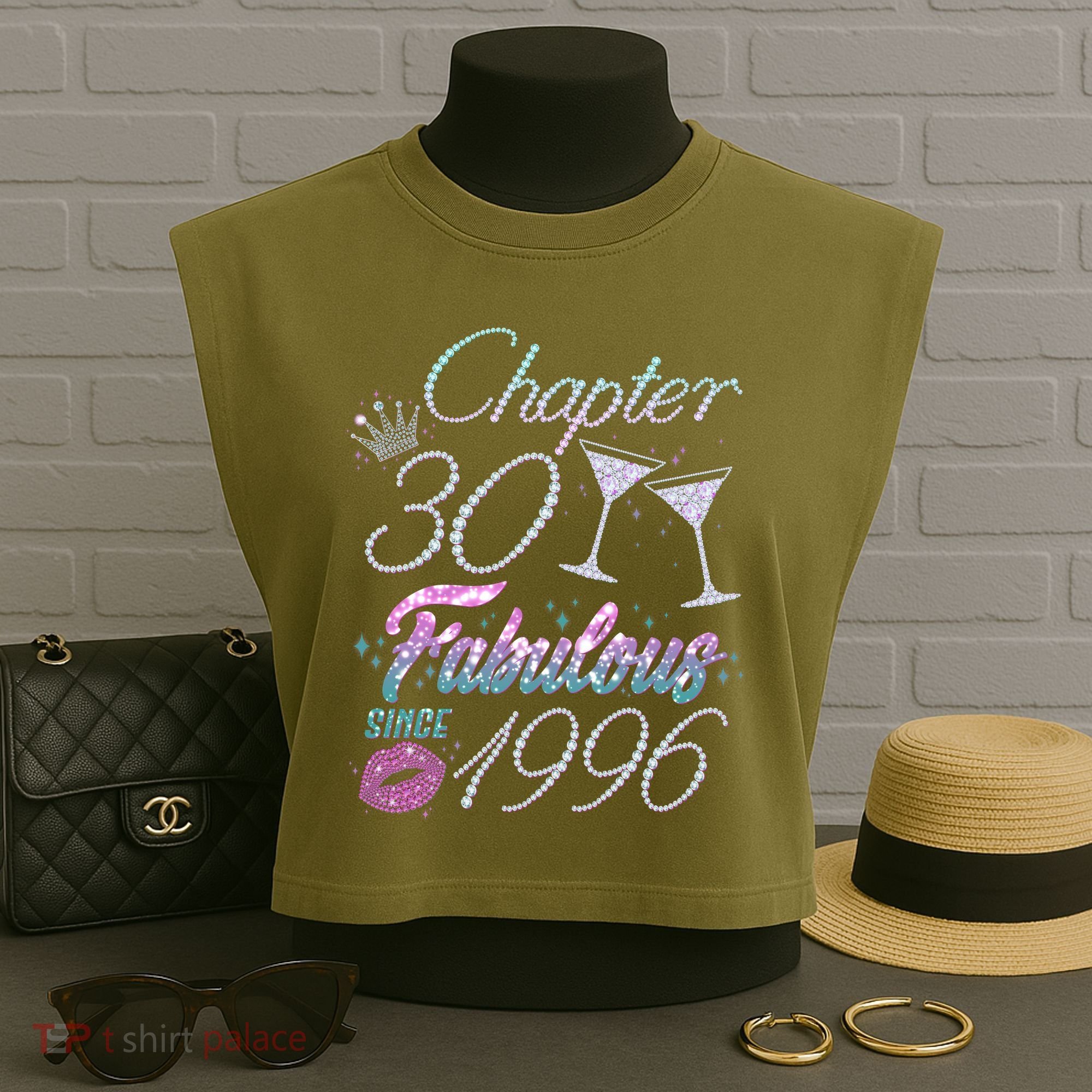 30th Birthday Chapter 30 Fabulous Since 1996 Rhinestones Diamonds Garment-Dyed Women's Muscle Tee