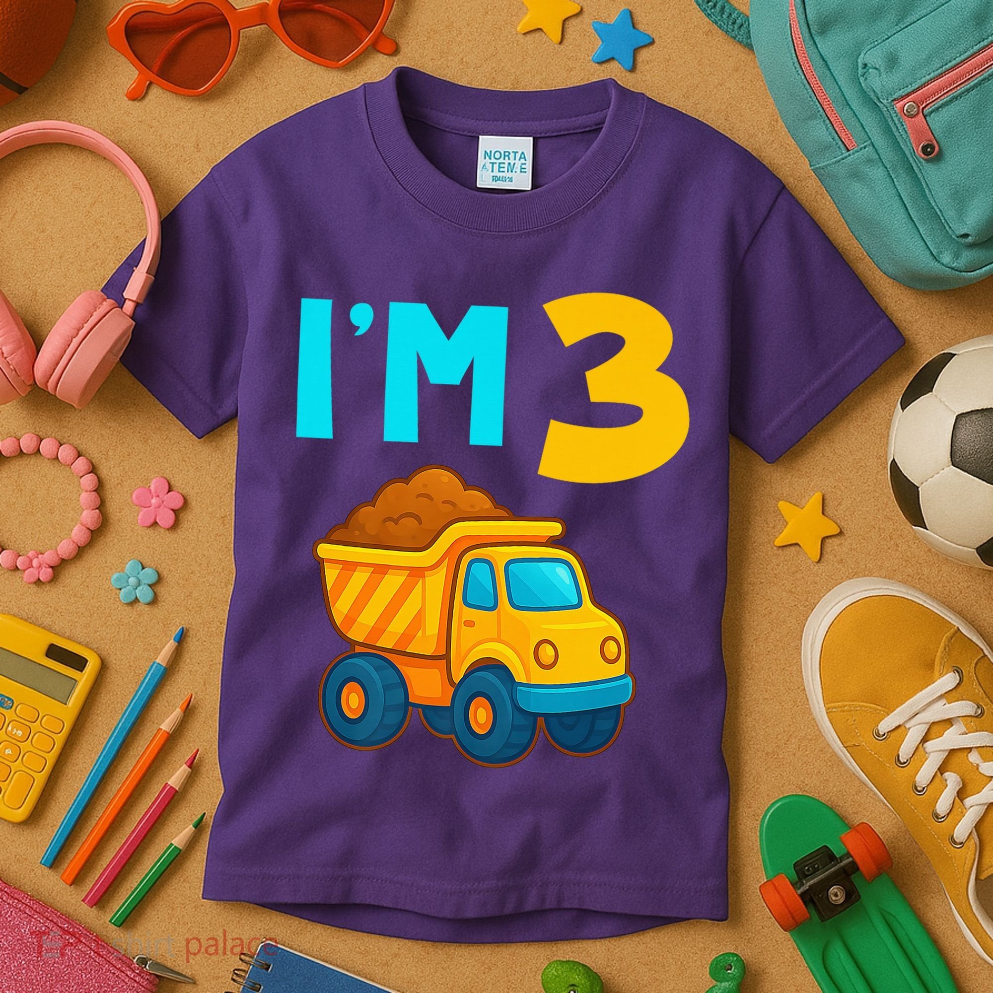 3rd Birthday Cartoon Dump Toy Truck Construction I'M 3 Three Kids T-Shirt