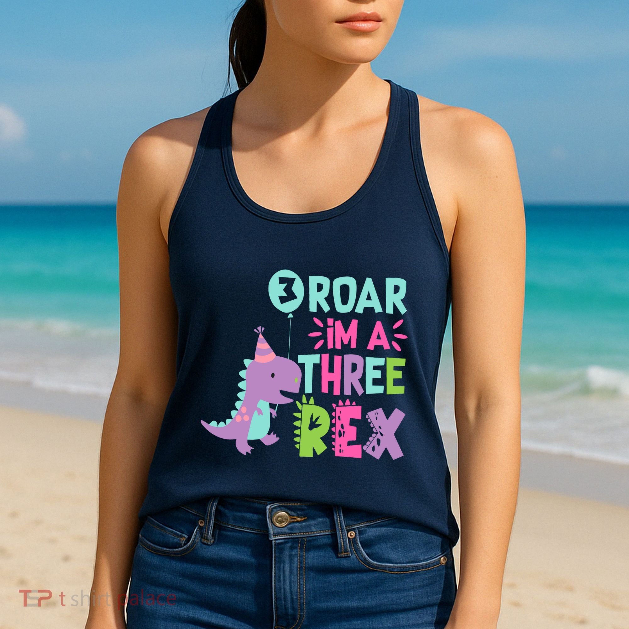 3rd Birthday Dinosaur Girl Trex Matching Family Party Three Women's Tank Top